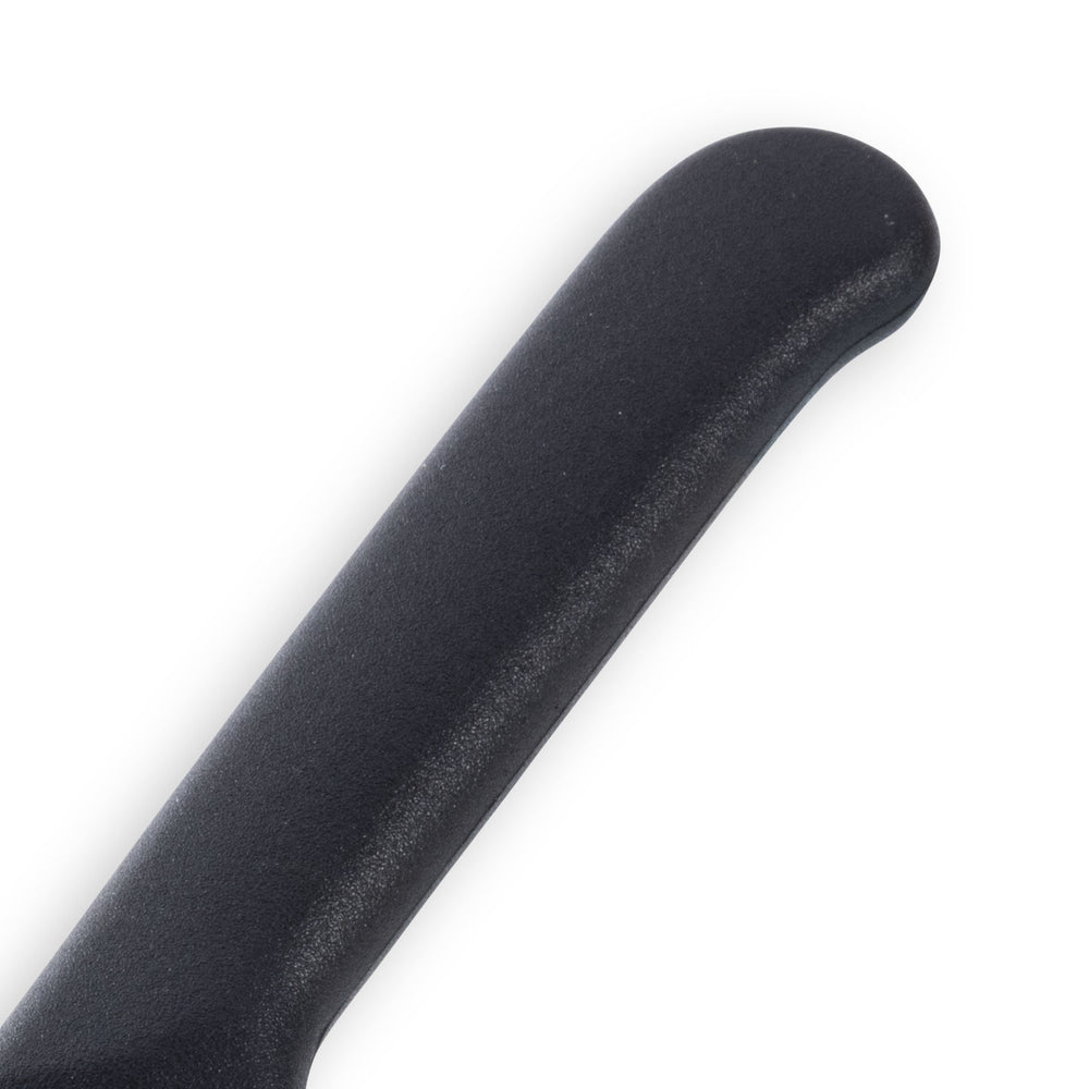 Close-up view of ergonomic black handle on 4.5-inch serrated tomato knife designed for comfortable controlled slicing