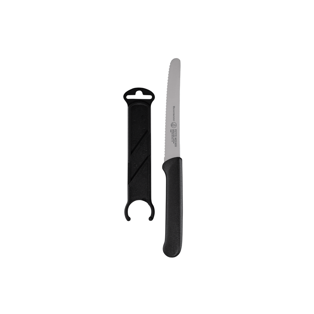 4.5-inch serrated tomato knife with black ergonomic handle, stainless steel blade, and matching sheath for safe storage and clean slicing