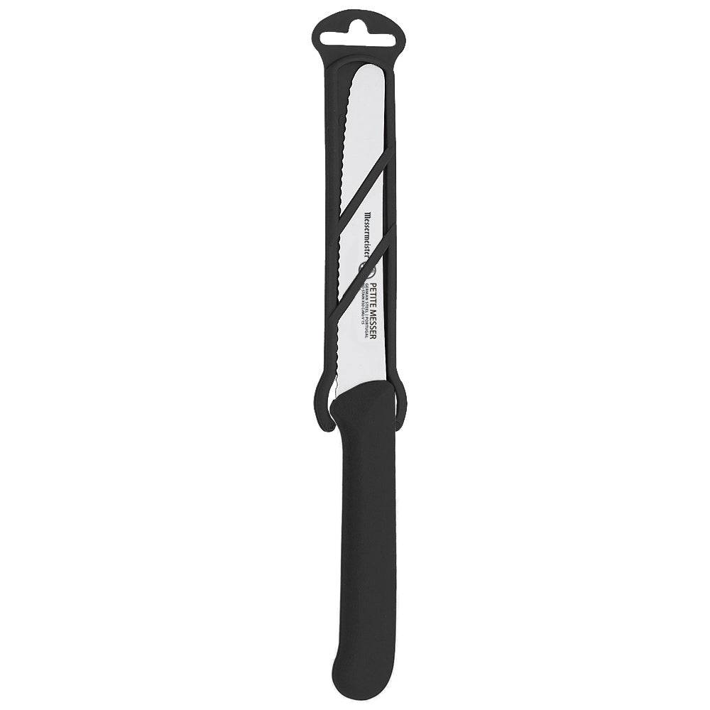 4.5-inch black serrated tomato knife with stainless steel serrated blade and matching sheath on for safe storage and transport