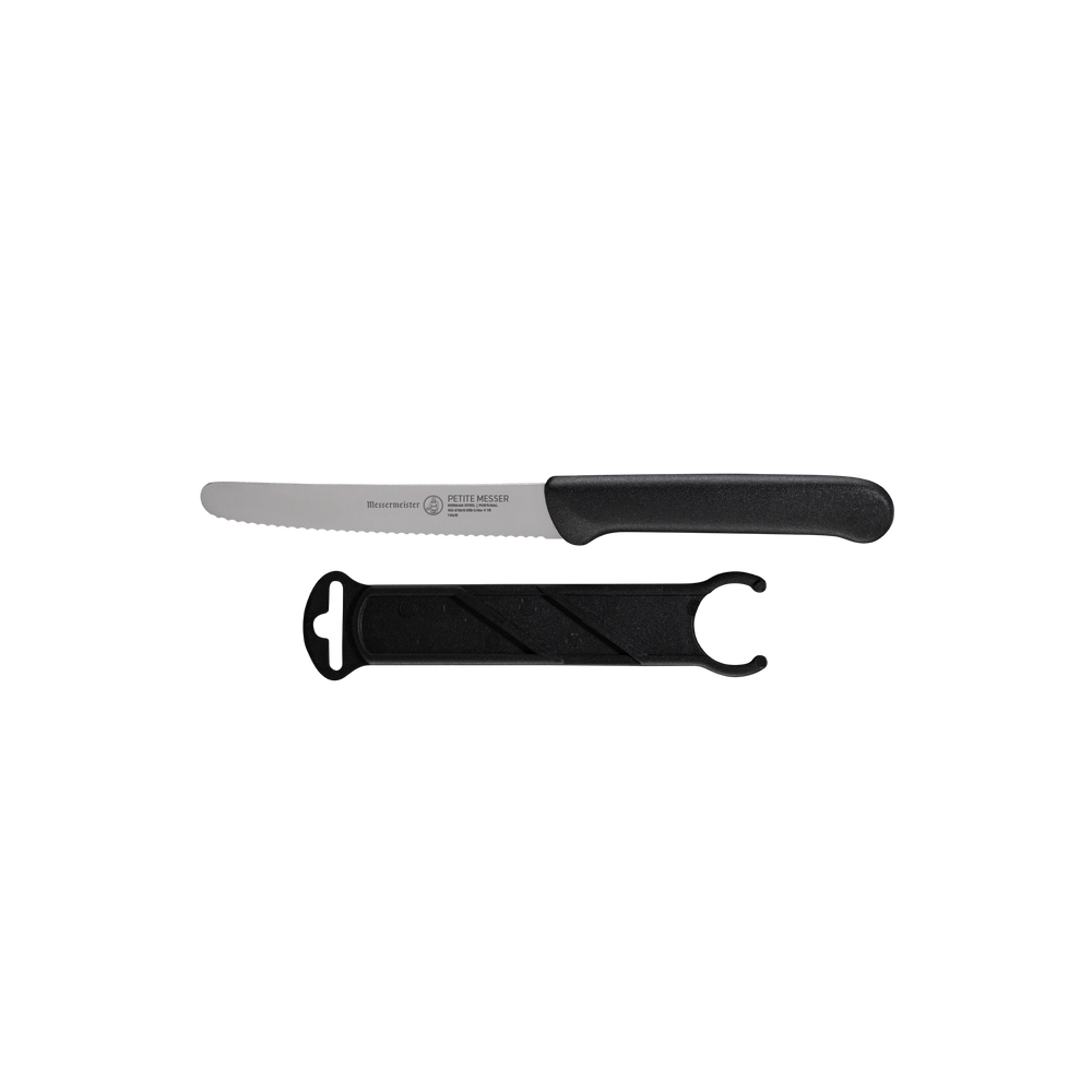 4.5-inch black serrated tomato knife side profile showing serrated stainless steel blade, ergonomic handle, and matching sheath for safe storage
