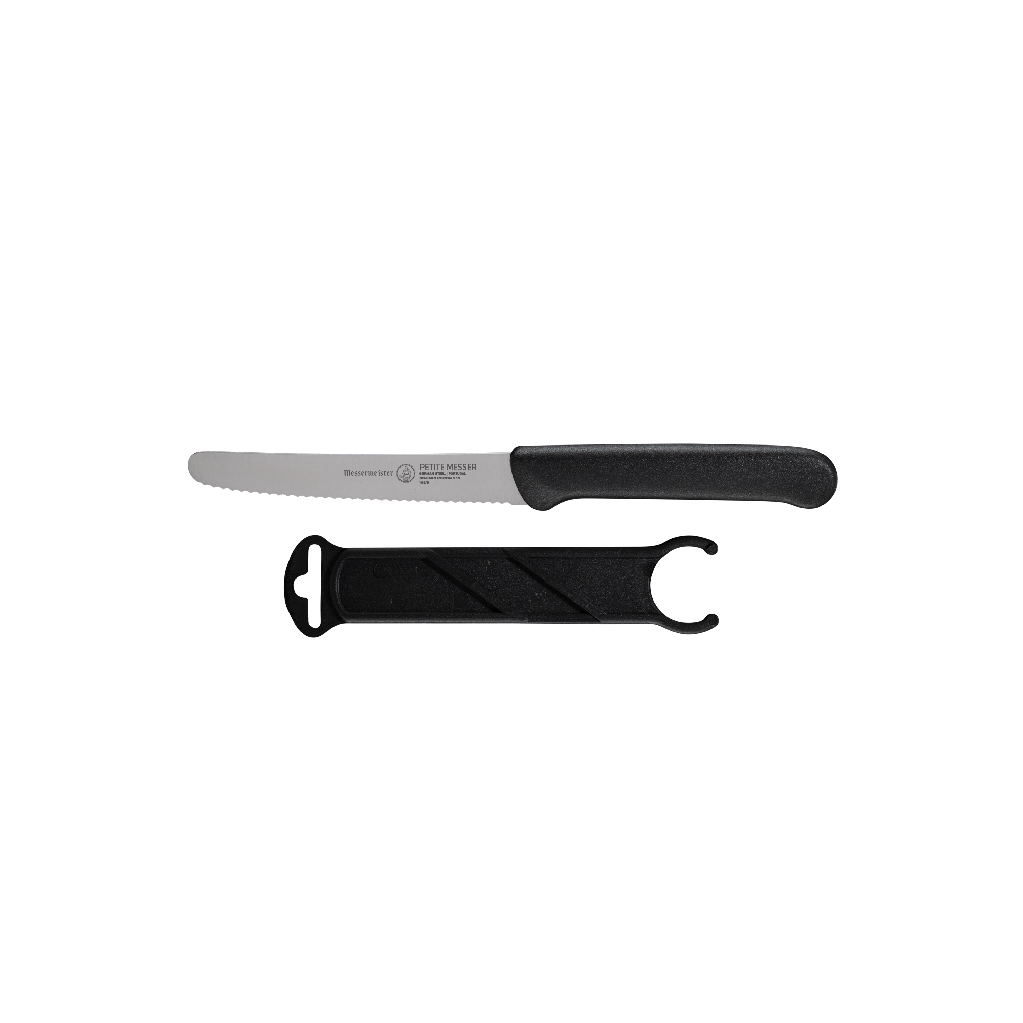 4.5-inch black serrated tomato knife side profile showing serrated stainless steel blade, ergonomic handle, and matching sheath for safe storage