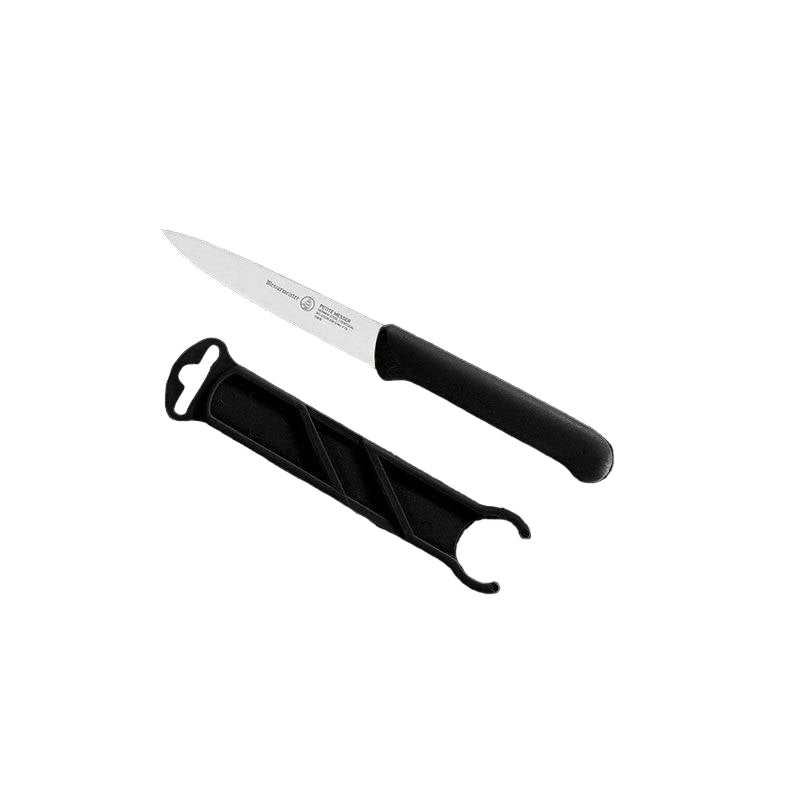 Messermeister Petite Messer Black 4-inch spear point paring knife angled with protective sheath showing blade and cover together
