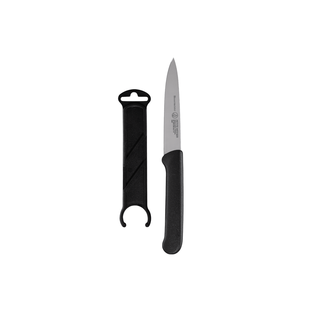 Messermeister Petite Messer Black spear point paring knife 4-inch blade with matching sheath and black handle