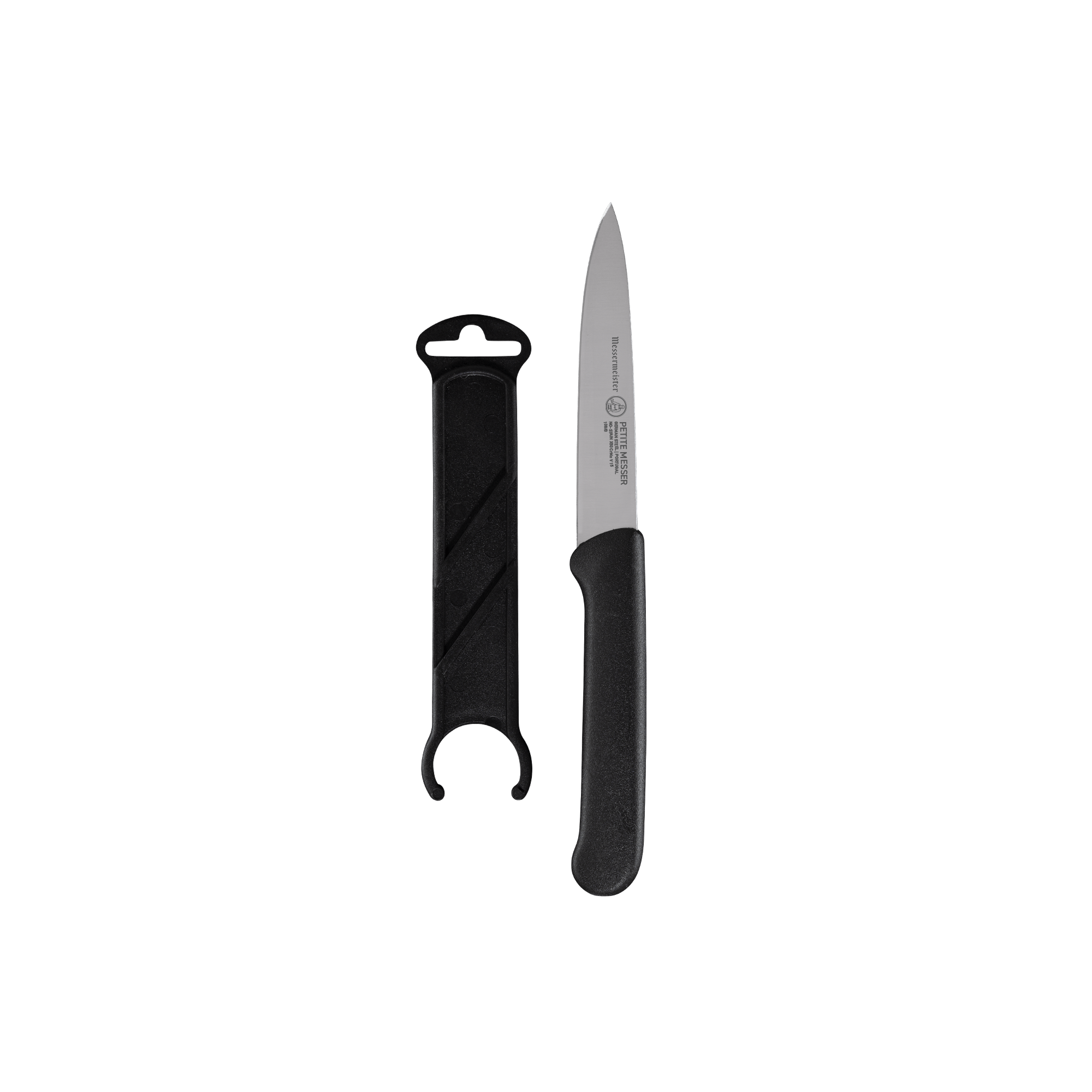 Messermeister Petite Messer Black spear point paring knife 4-inch blade with matching sheath and black handle