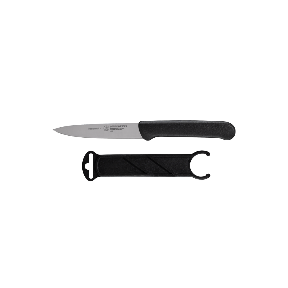 Side view of the Messermeister Petite Messer Black spear point paring knife 4-inch blade with matching sheath and black handle