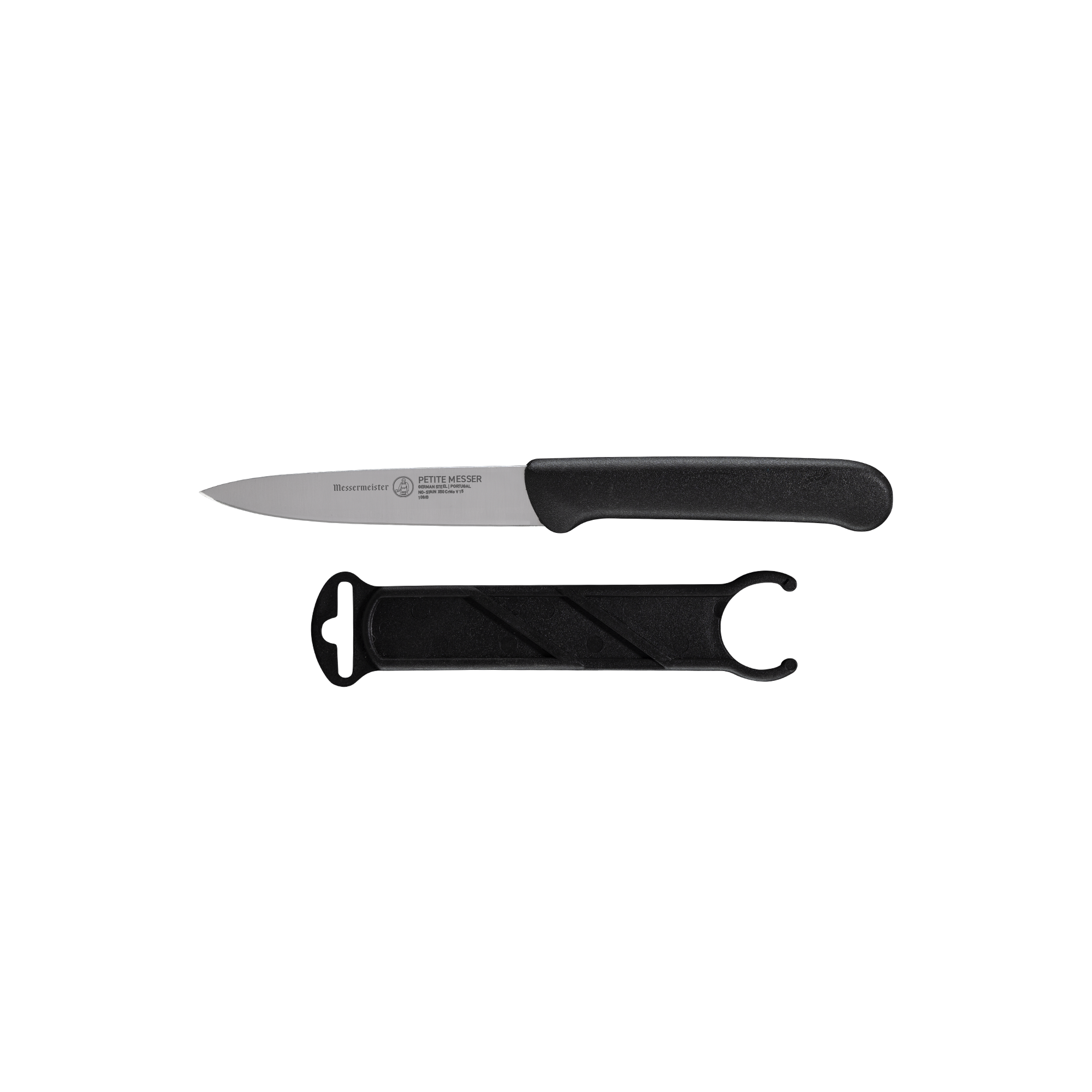 Side view of the Messermeister Petite Messer Black spear point paring knife 4-inch blade with matching sheath and black handle