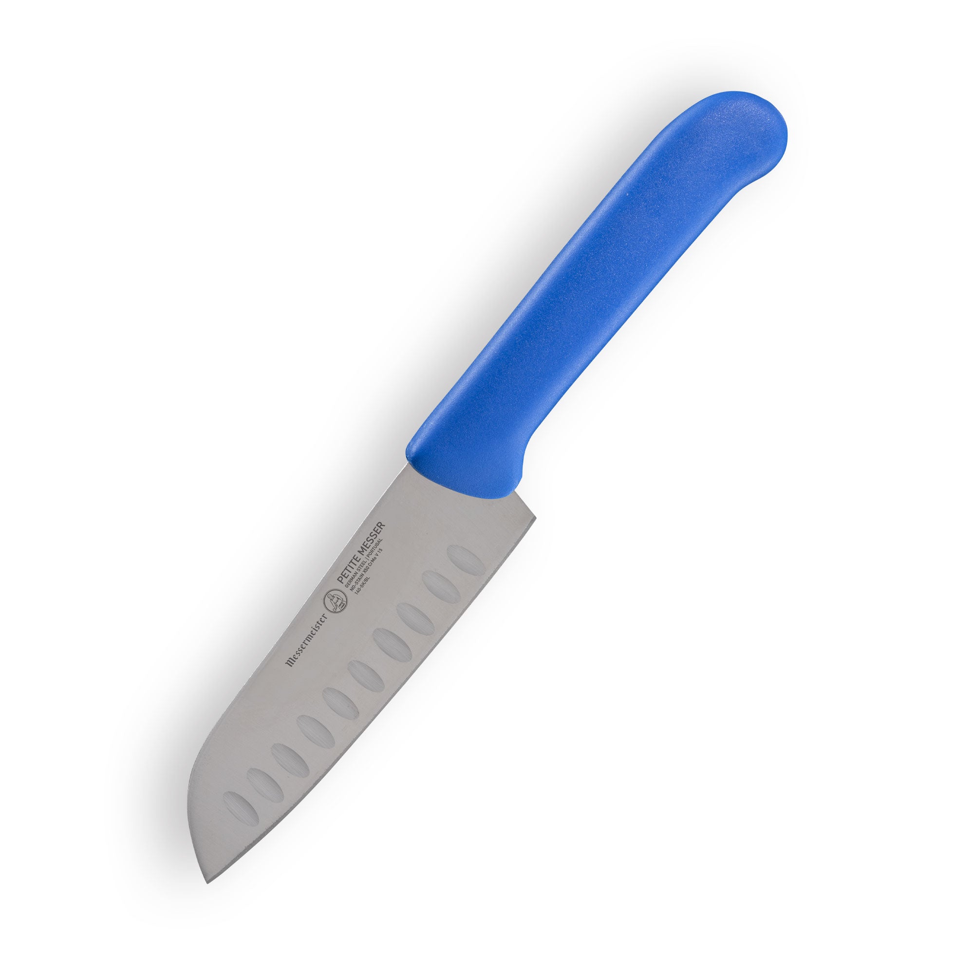 Angled down view of Messermeister Petite Messer Blue Kullens Santoku knife 5 inch blade with granton edge and blue handle