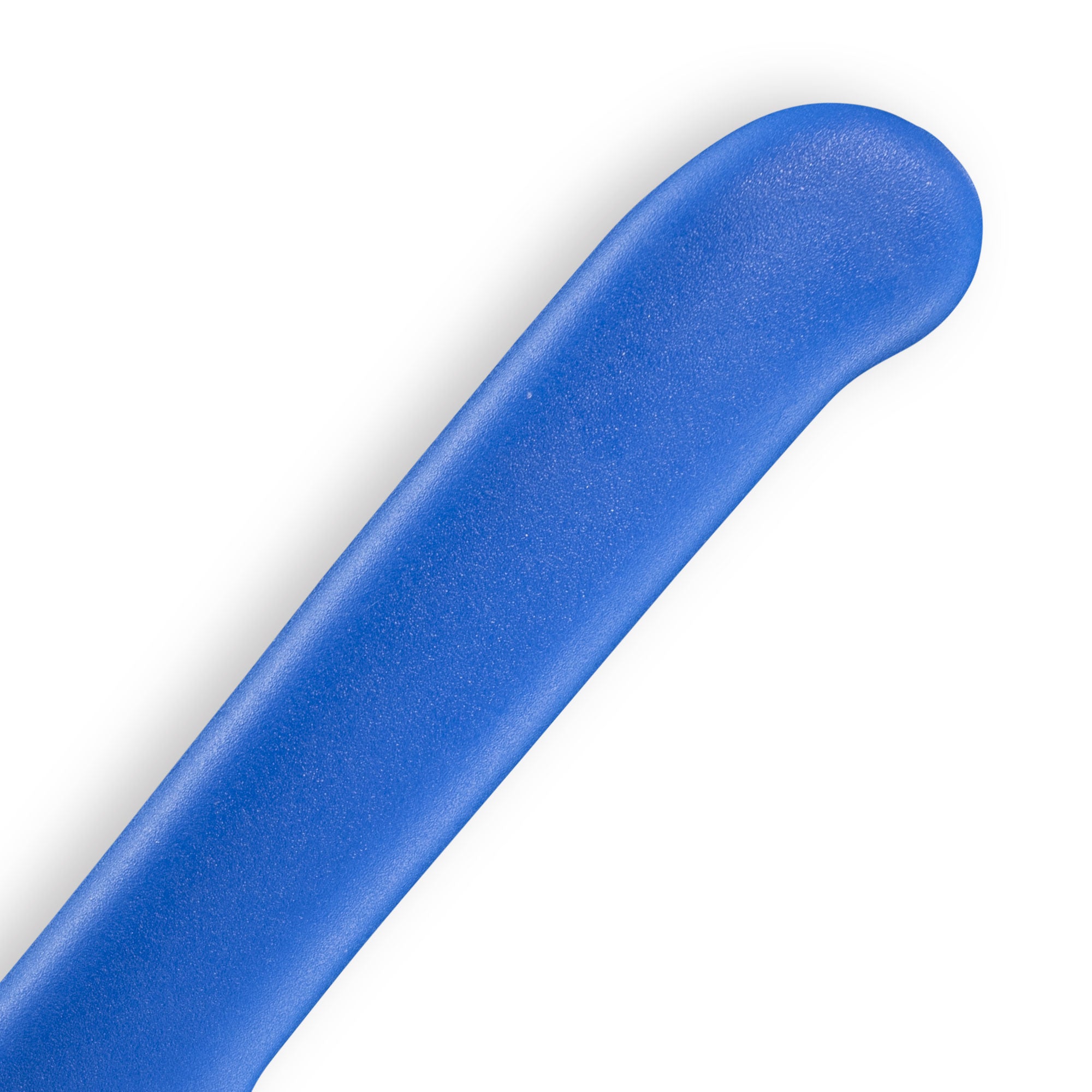 Close-up of Messermeister Petite Messer Blue Kullens Santoku knife handle showing ergonomic blue grip