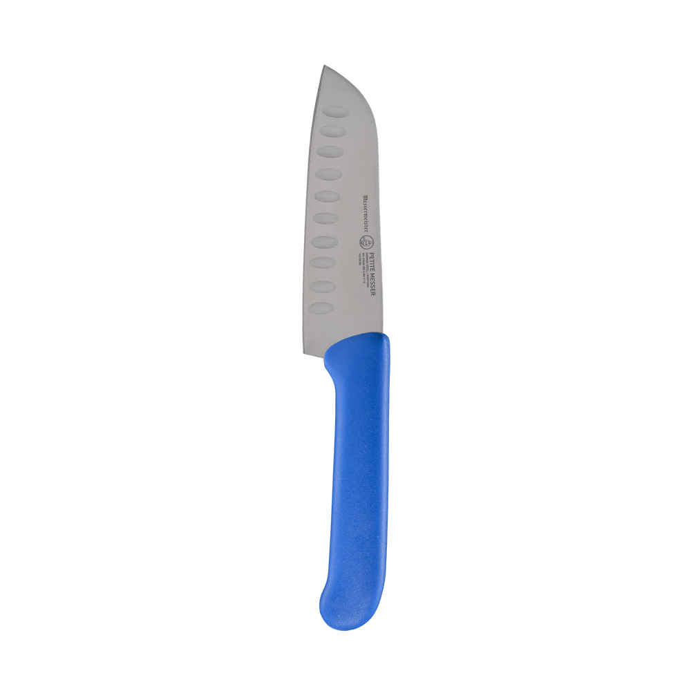 Messermeister Petite Messer Blue Kullens Santoku knife 5-inch blade with granton edge and blue handle