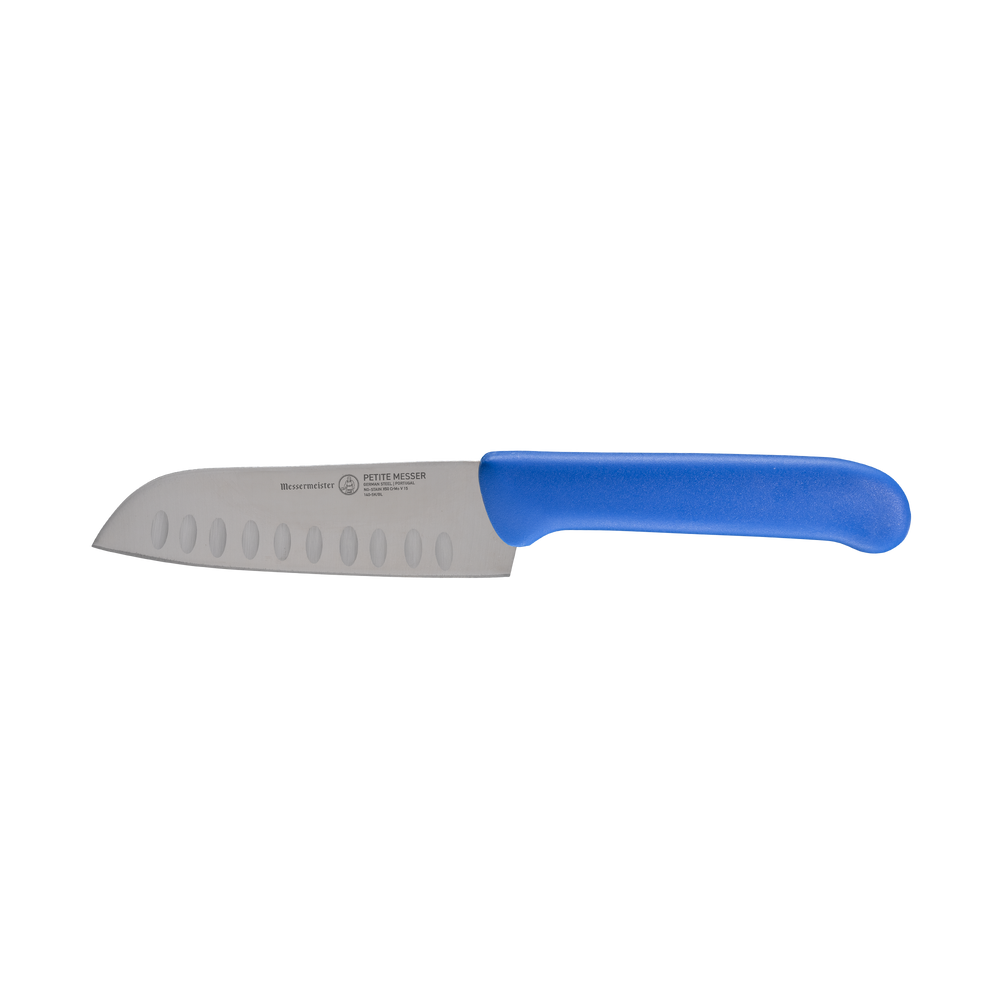 Side view of Messermeister Petite Messer Blue Kullens Santoku knife 5 inch blade with granton edge and blue handle