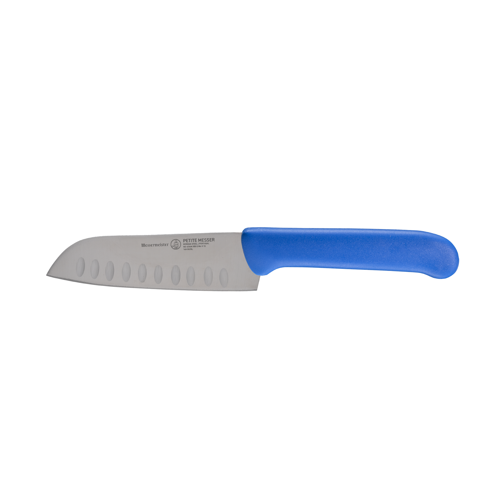 Side view of Messermeister Petite Messer Blue Kullens Santoku knife 5 inch blade with granton edge and blue handle