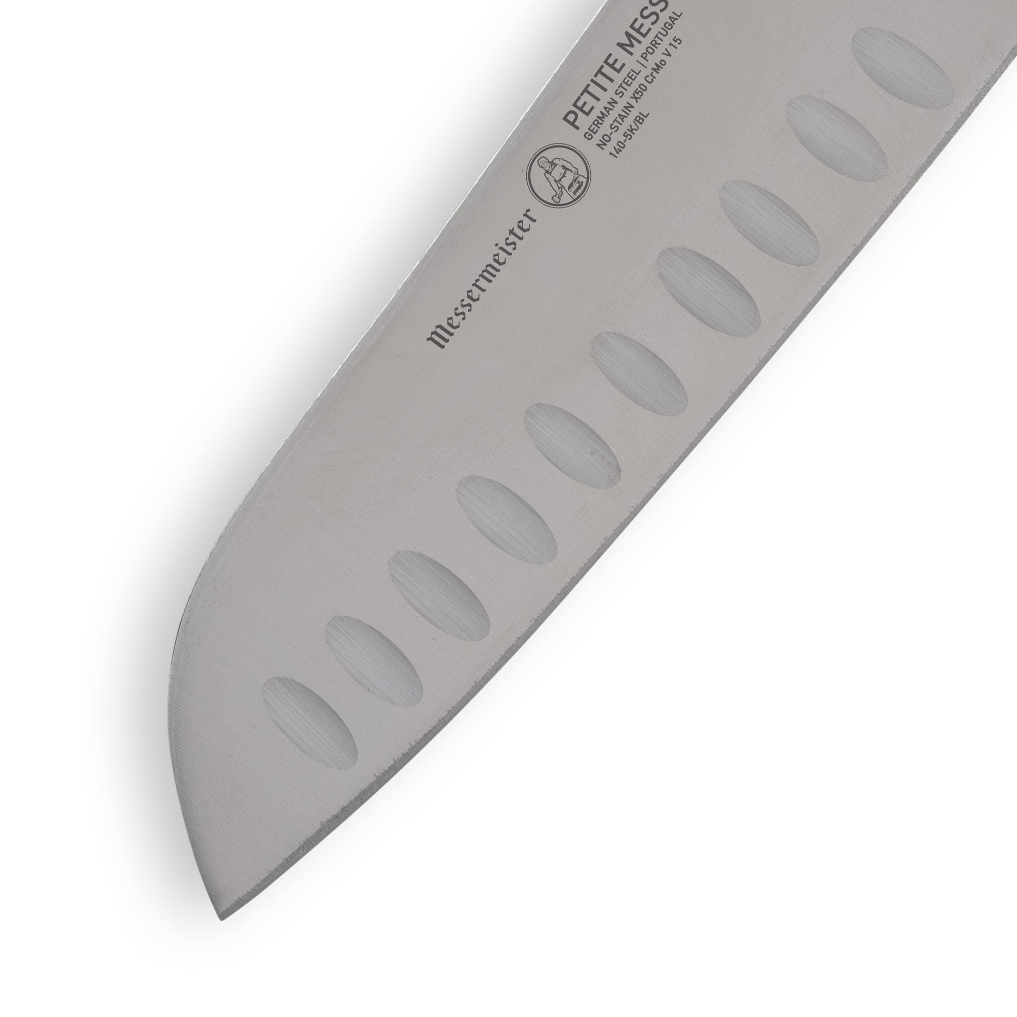 Detail of Messermeister Petite Messer Blue 5 inch Santoku knife tip with sharp stainless steel edge