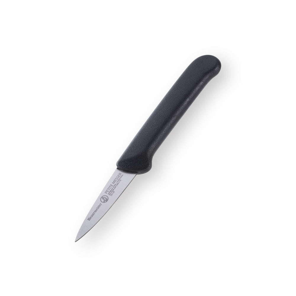 Angled down view of Messermeister Petite Messer black handled 2 inch garnishing knife with sheath emphasizing compact blade design