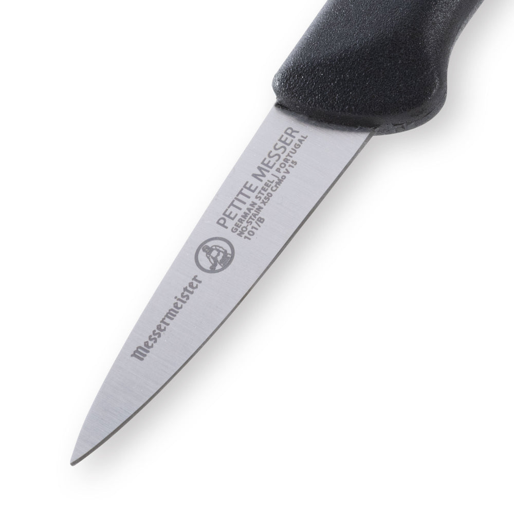 Messermeister Petite Messer 2 inch black garnishing knife blade close up highlighting precision edge for garnish work