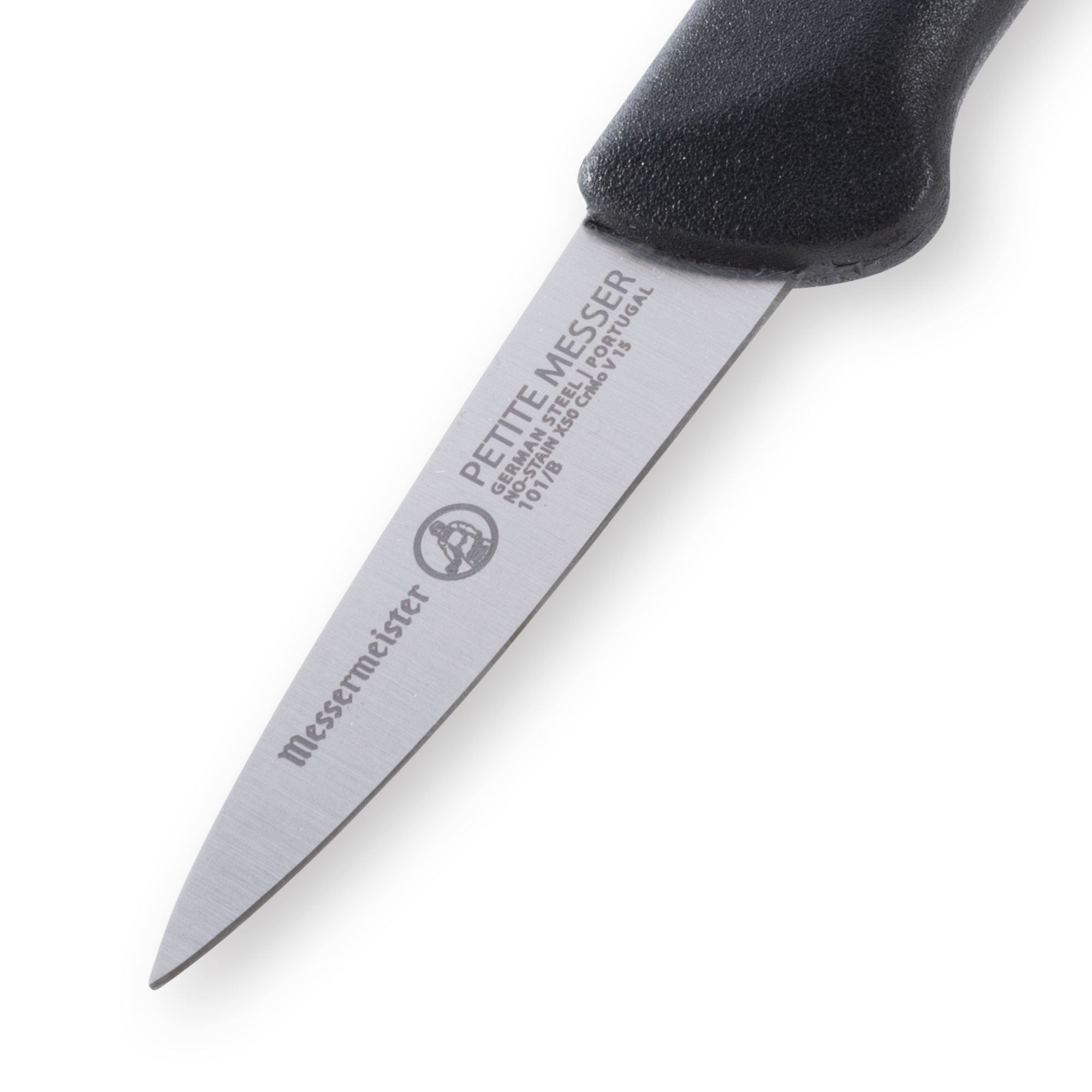 Messermeister Petite Messer 2 inch black garnishing knife blade close up highlighting precision edge for garnish work