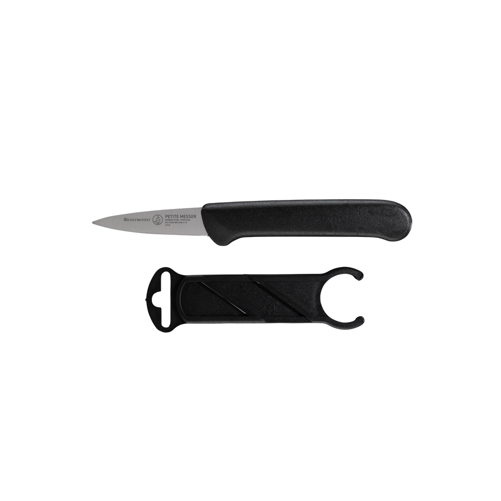 Messermeister Petite Messer 2 inch black garnishing knife side view highlighting small precision blade with sheath