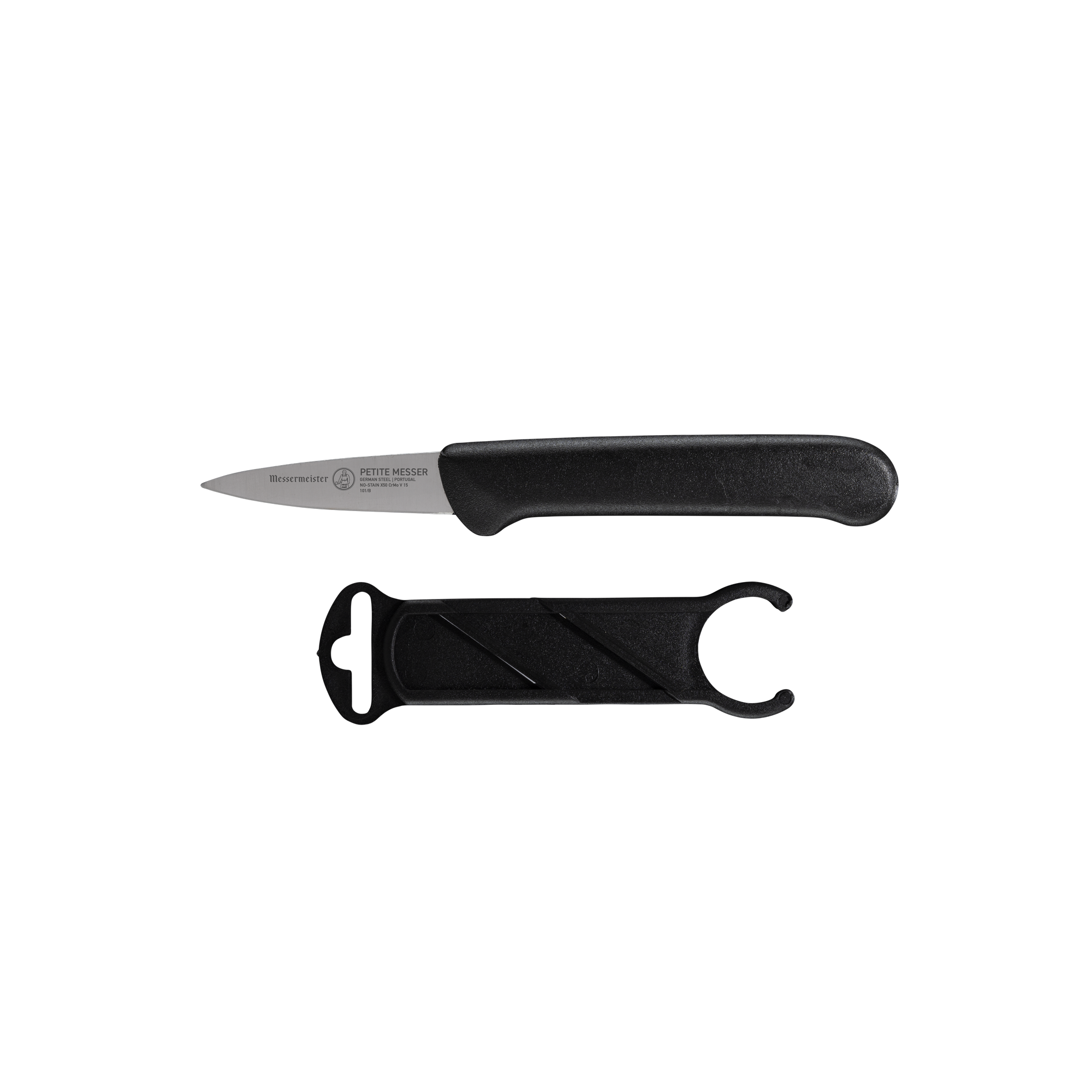 Messermeister Petite Messer 2 inch black garnishing knife side view highlighting small precision blade with sheath