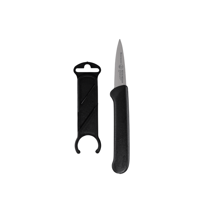 Messermeister Petite Messer 2 inch black garnishing knife with sheath designed for fine detail cutting and presentation
