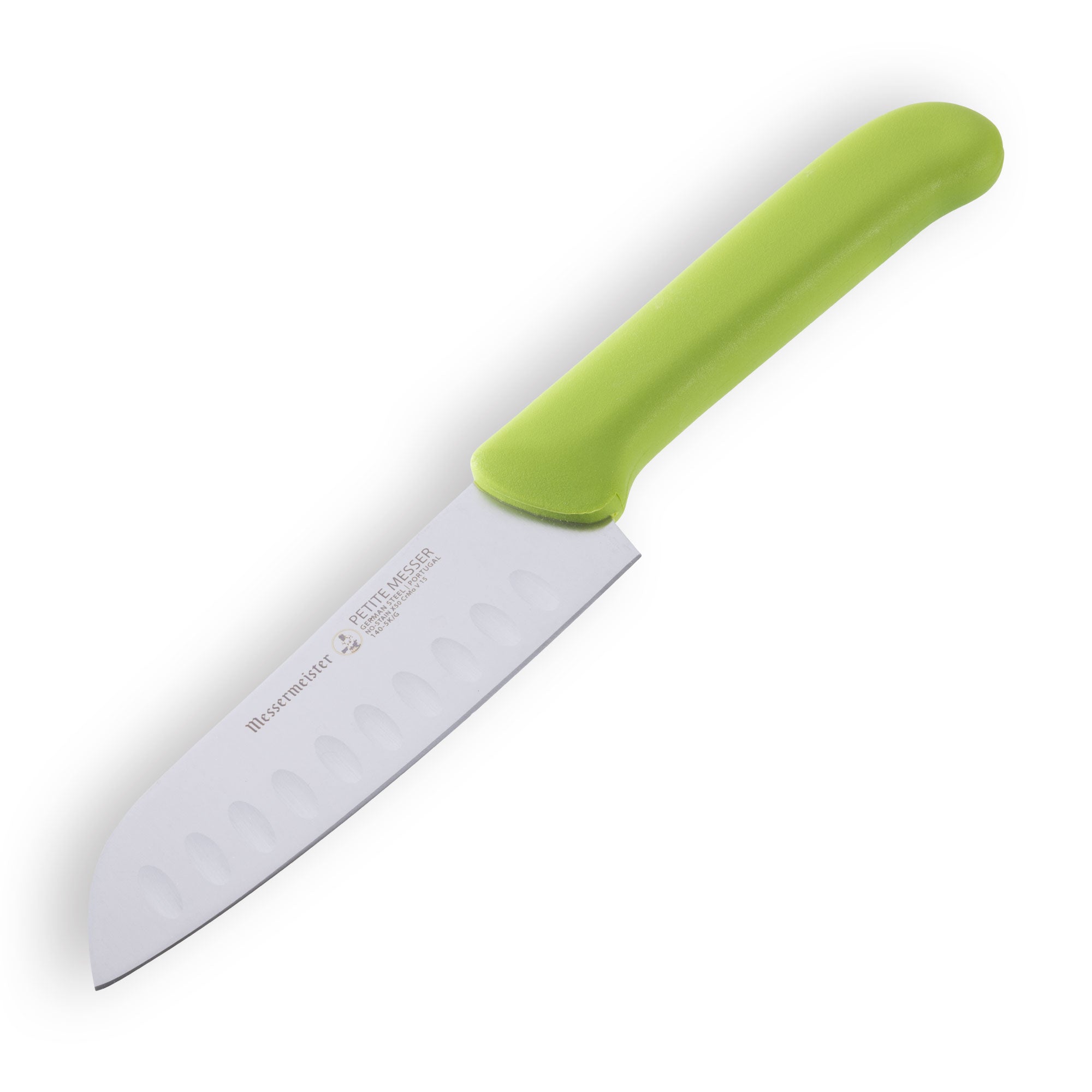 Angled close-up of Petite Messer Green Kullens Santoku knife 5 inch blade showing granton edge and green handle detail