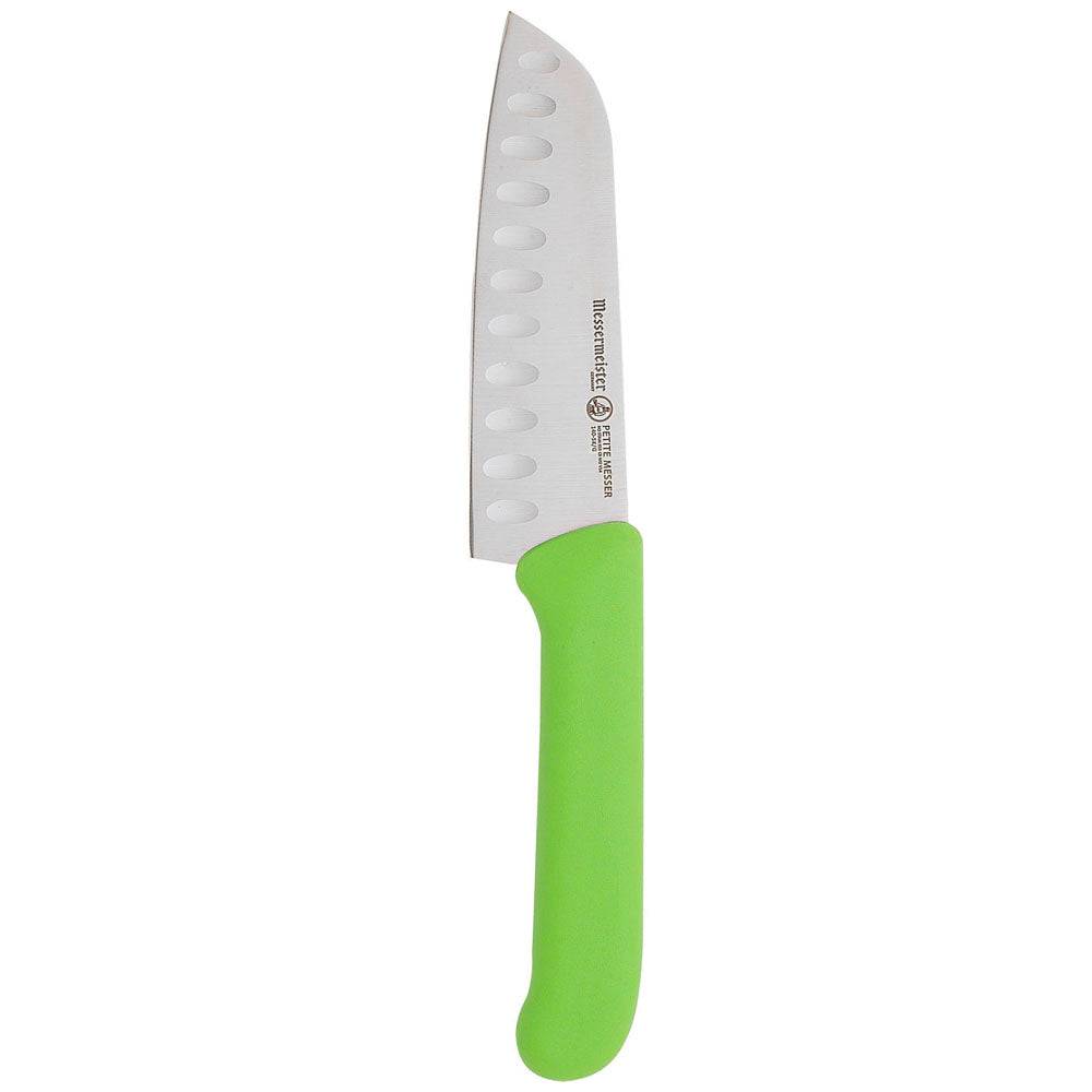 Straight-on view of Petite Messer Green Kullens Santoku knife 5-inch blade with green handle