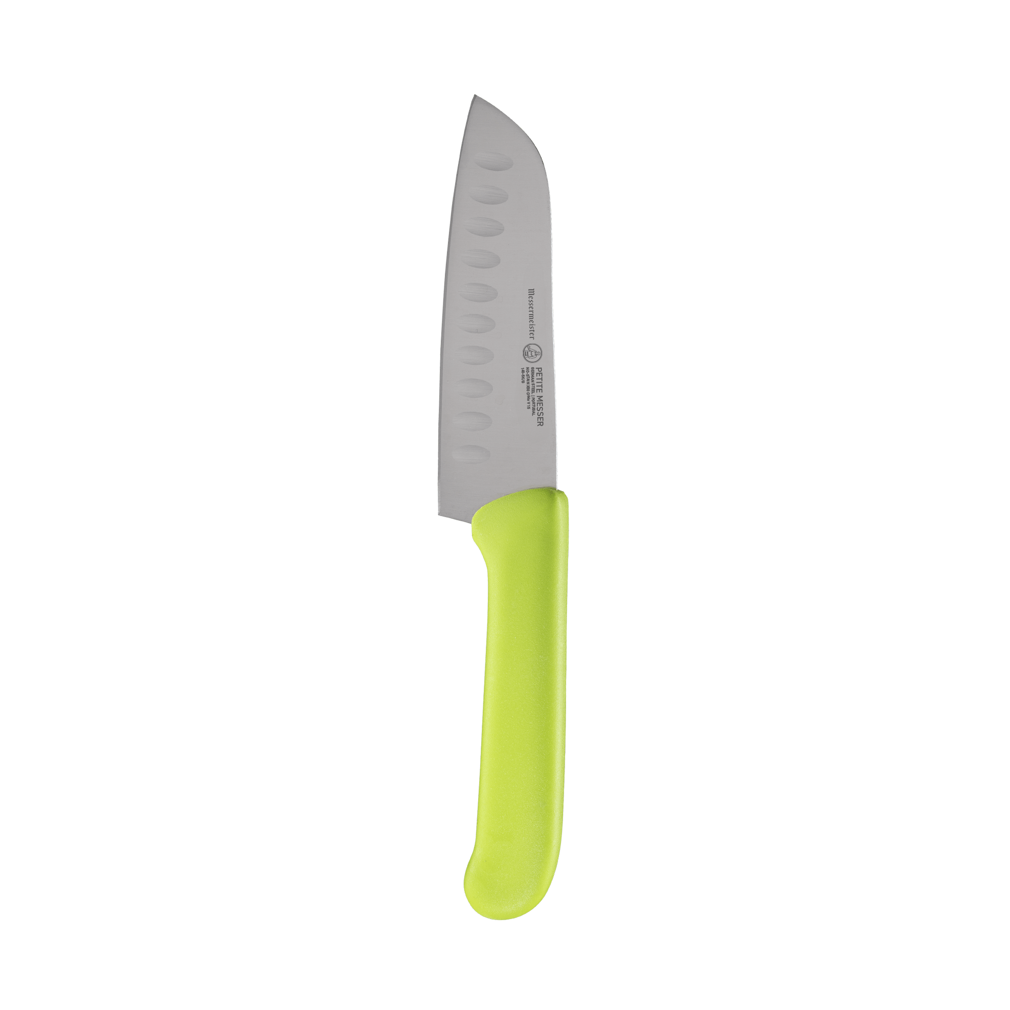 Petite Messer Green Kullens Santoku knife 5-inch blade with granton edge and green handle