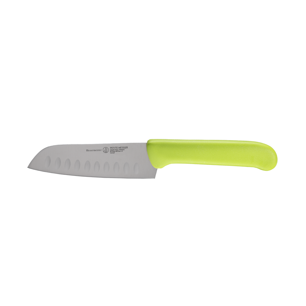 Side view of Petite Messer Green Kullens Santoku knife 5 inch blade with granton edge and green handle