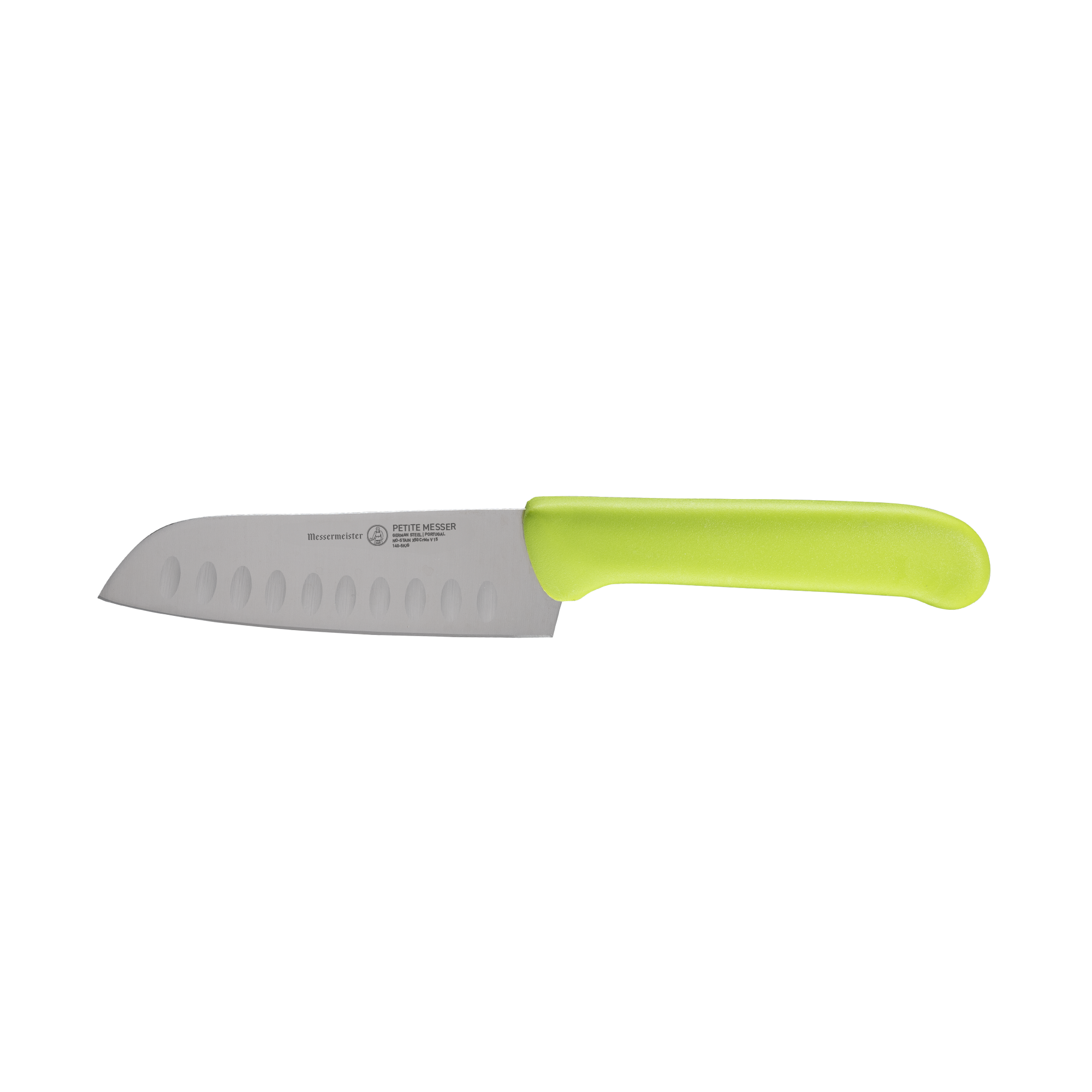 Side view of Petite Messer Green Kullens Santoku knife 5 inch blade with granton edge and green handle
