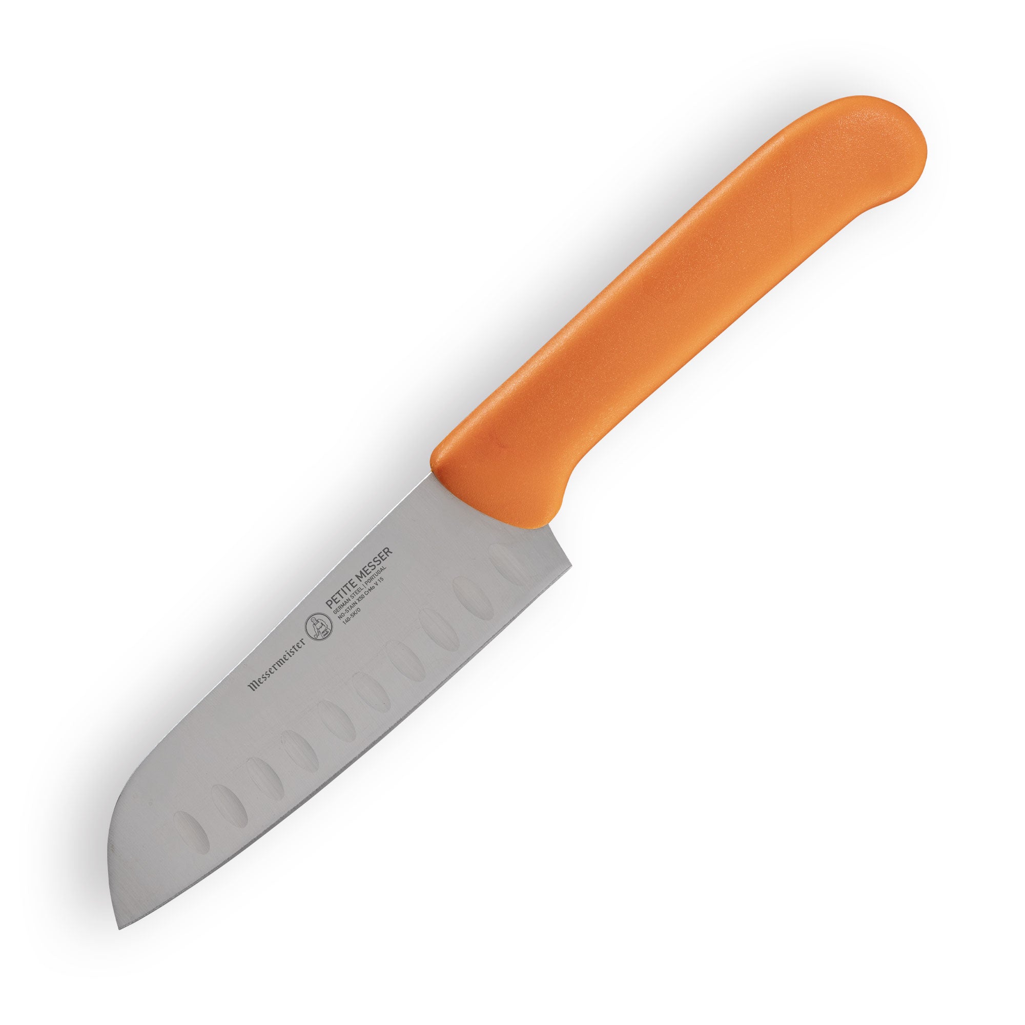 Angled down view of Petite Messer Orange Kullens Santoku knife 5 inch blade with granton edge and orange handle