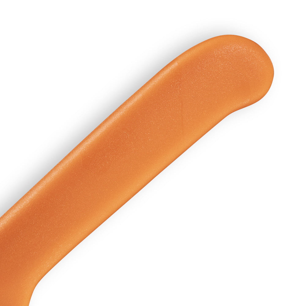 Close-up of Petite Messer Orange Kullens Santoku knife handle showing ergonomic orange grip
