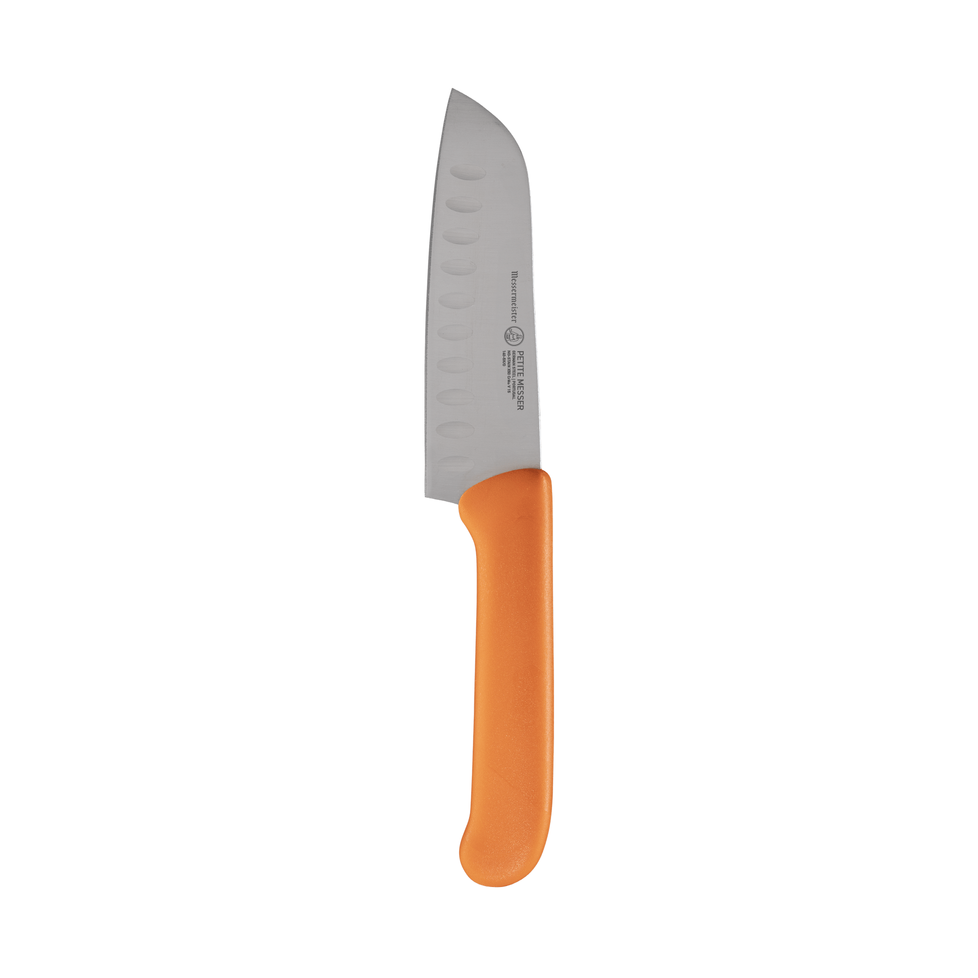 Petite Messer Orange Kullens Santoku knife 5-inch blade with granton edge and orange handle