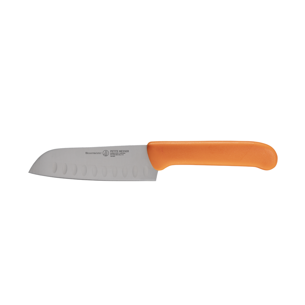 Side view of Petite Messer Orange Kullens Santoku knife 5 inch blade with granton edge and orange handle