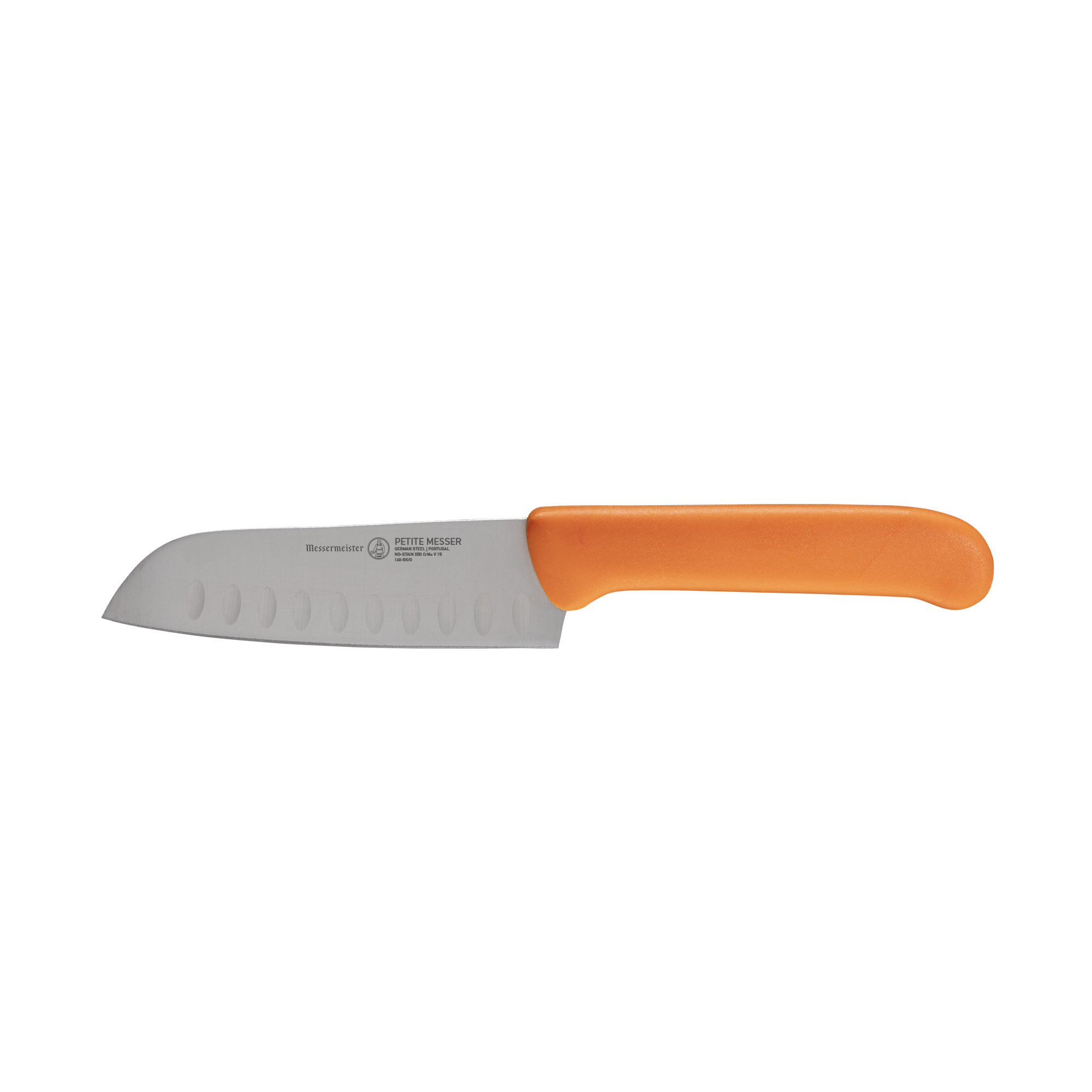 Side view of Petite Messer Orange Kullens Santoku knife 5 inch blade with granton edge and orange handle