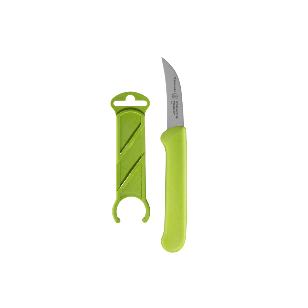Messermeister Petite Messer bird’s beak paring knife with curved blade and matching protective sheath