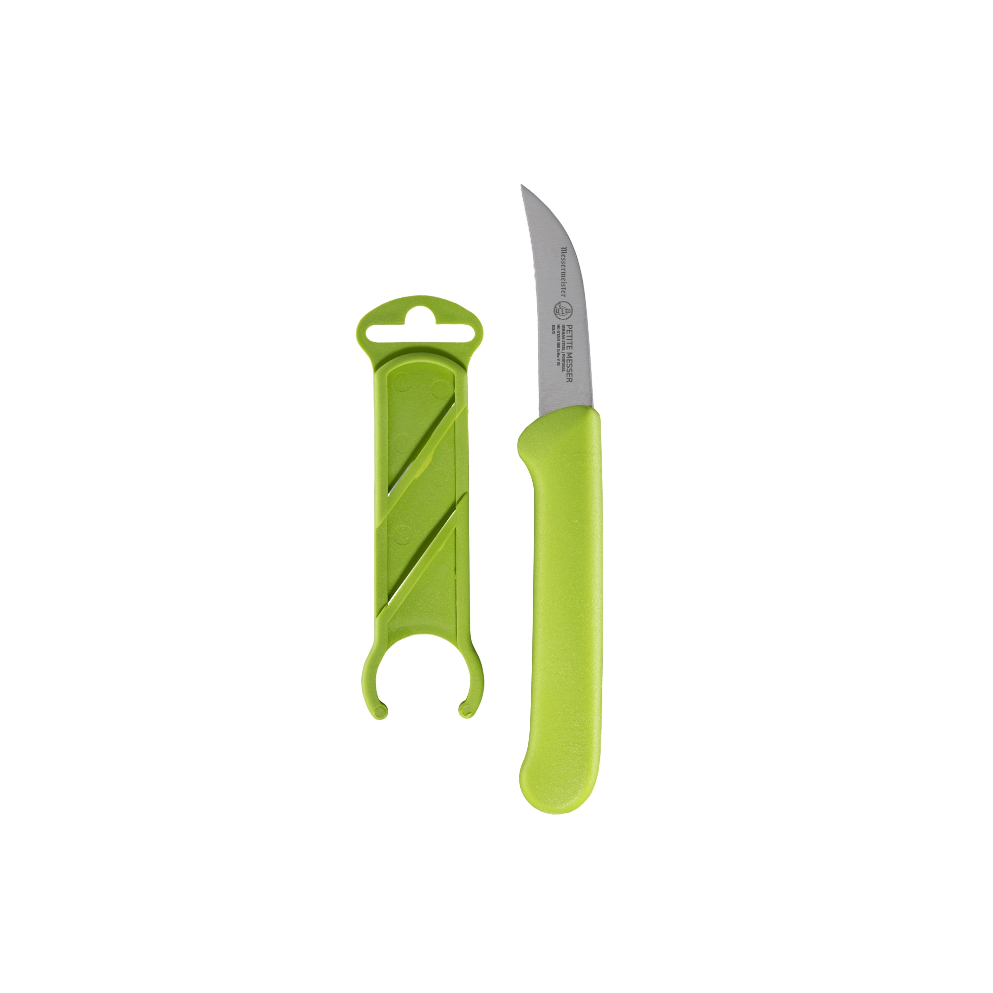 Messermeister Petite Messer bird’s beak paring knife with curved blade and matching protective sheath