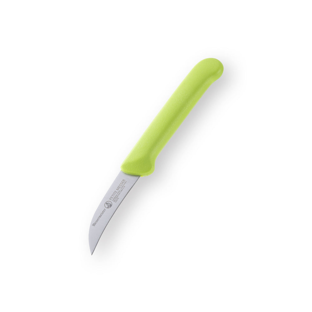 Angled view of green Messermeister Petite Messer bird’s beak paring knife with curved blade and matching protective sheath