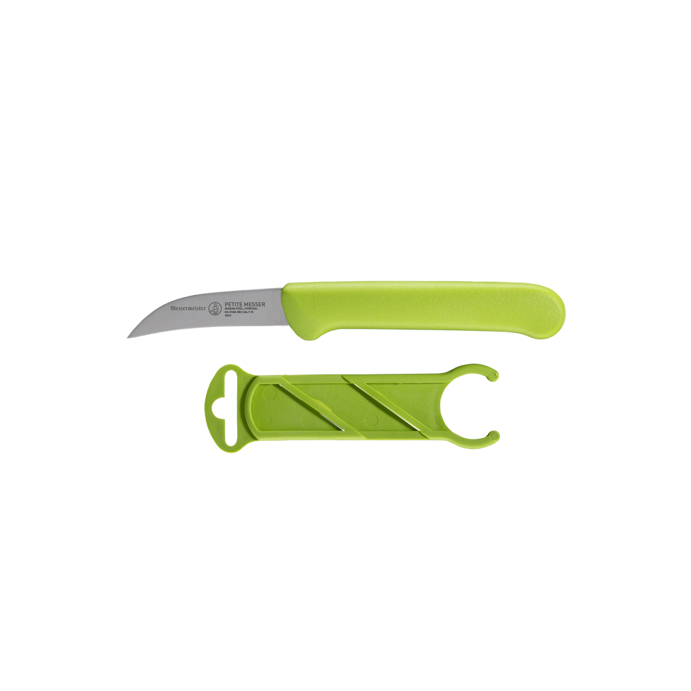 Side view of green Petite Messer bird’s beak paring knife with curved blade and matching protective sheath
