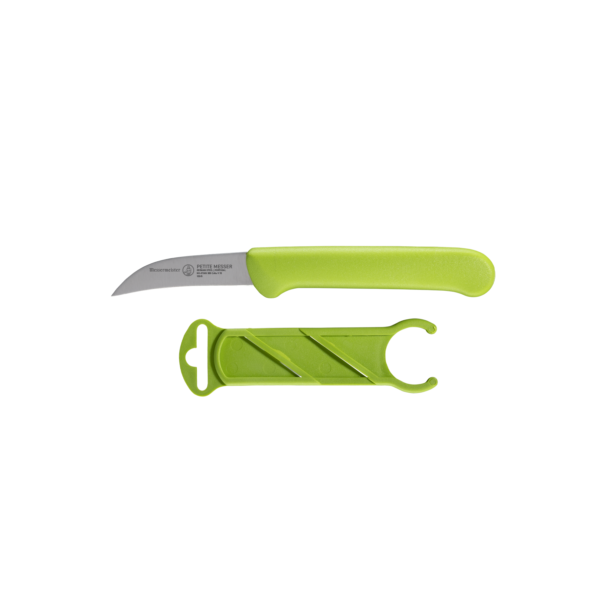 Side view of green Petite Messer bird’s beak paring knife with curved blade and matching protective sheath