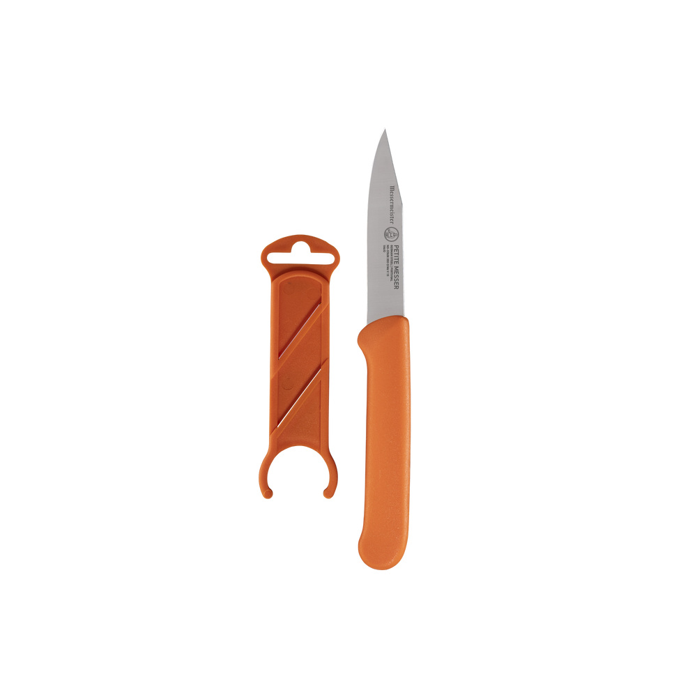 Messermeister orange clip point paring knife with stainless steel blade and matching protective sheath