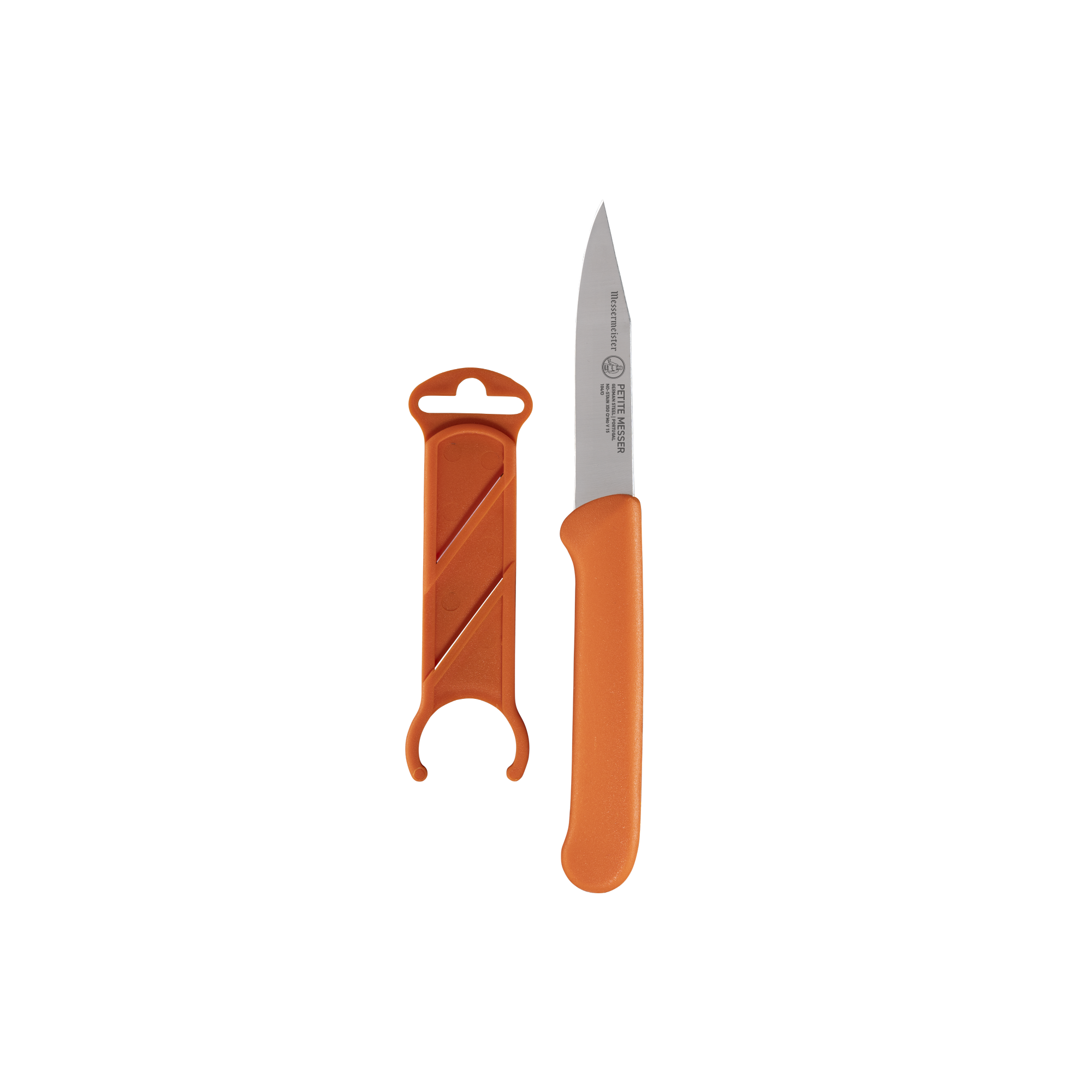 Messermeister orange clip point paring knife with stainless steel blade and matching protective sheath