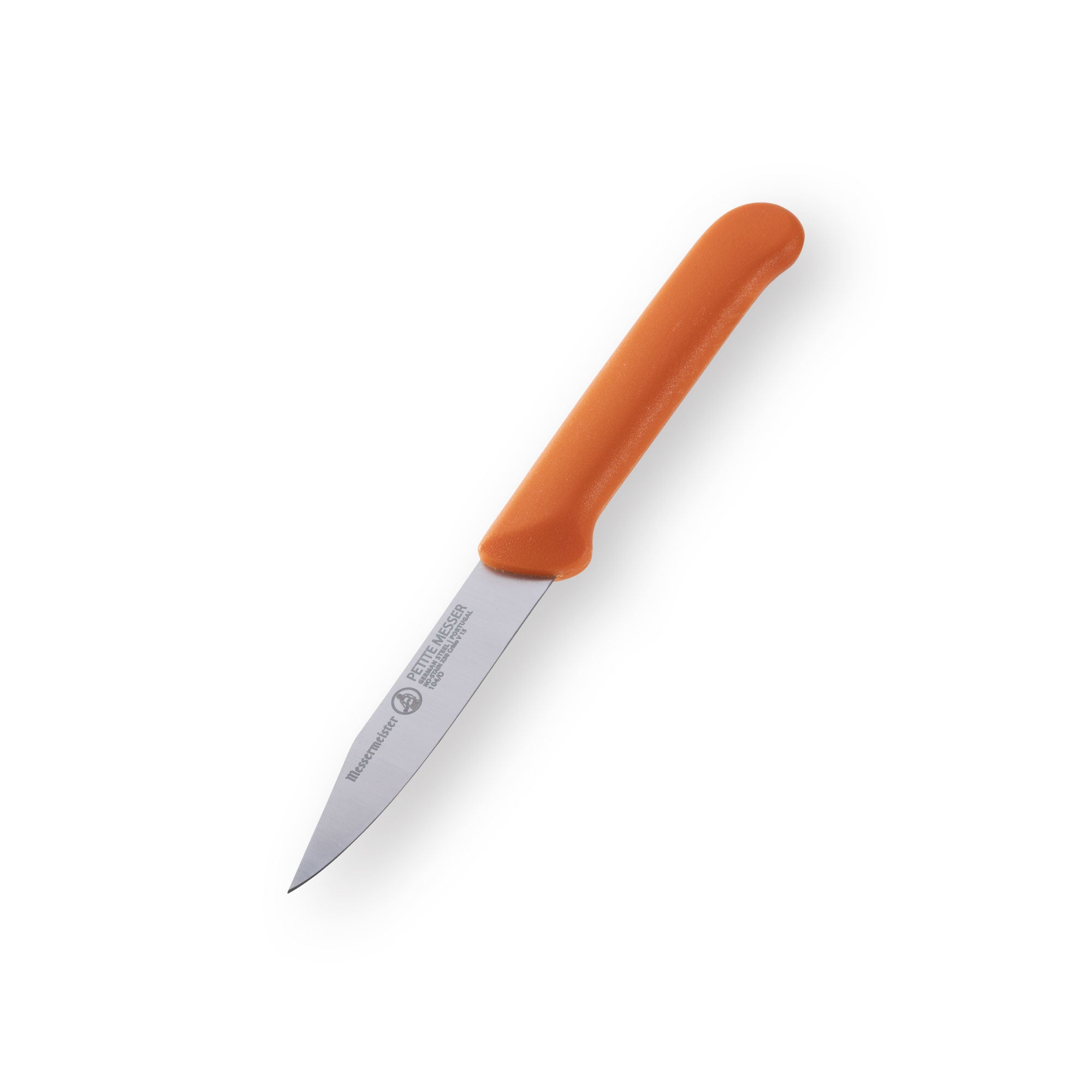 Close angled view of Messermeister Petite Messer orange clip point paring knife with stainless steel blade and matching protective sheath
