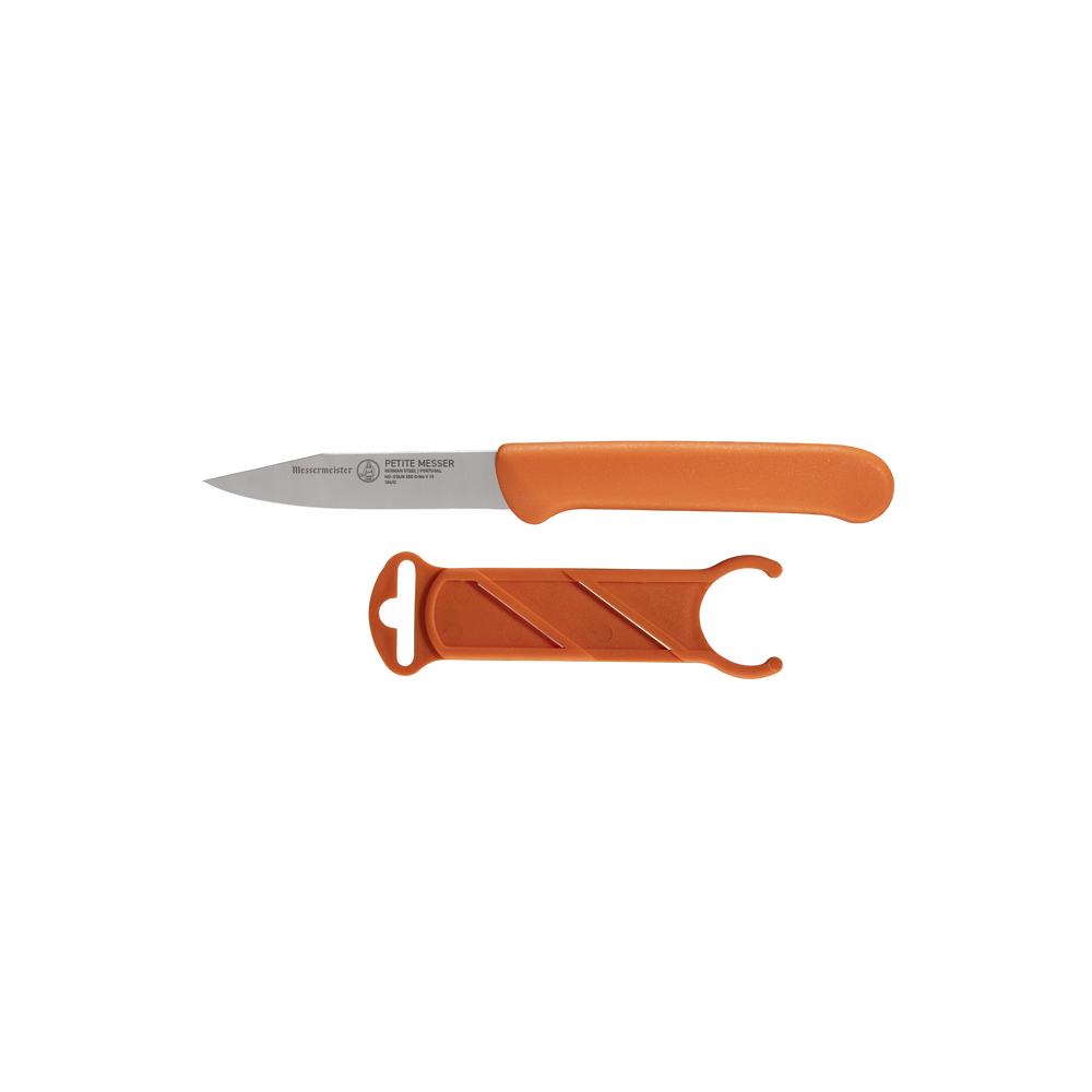 Side view of Messermeister orange clip point paring knife with stainless steel blade and matching protective sheath