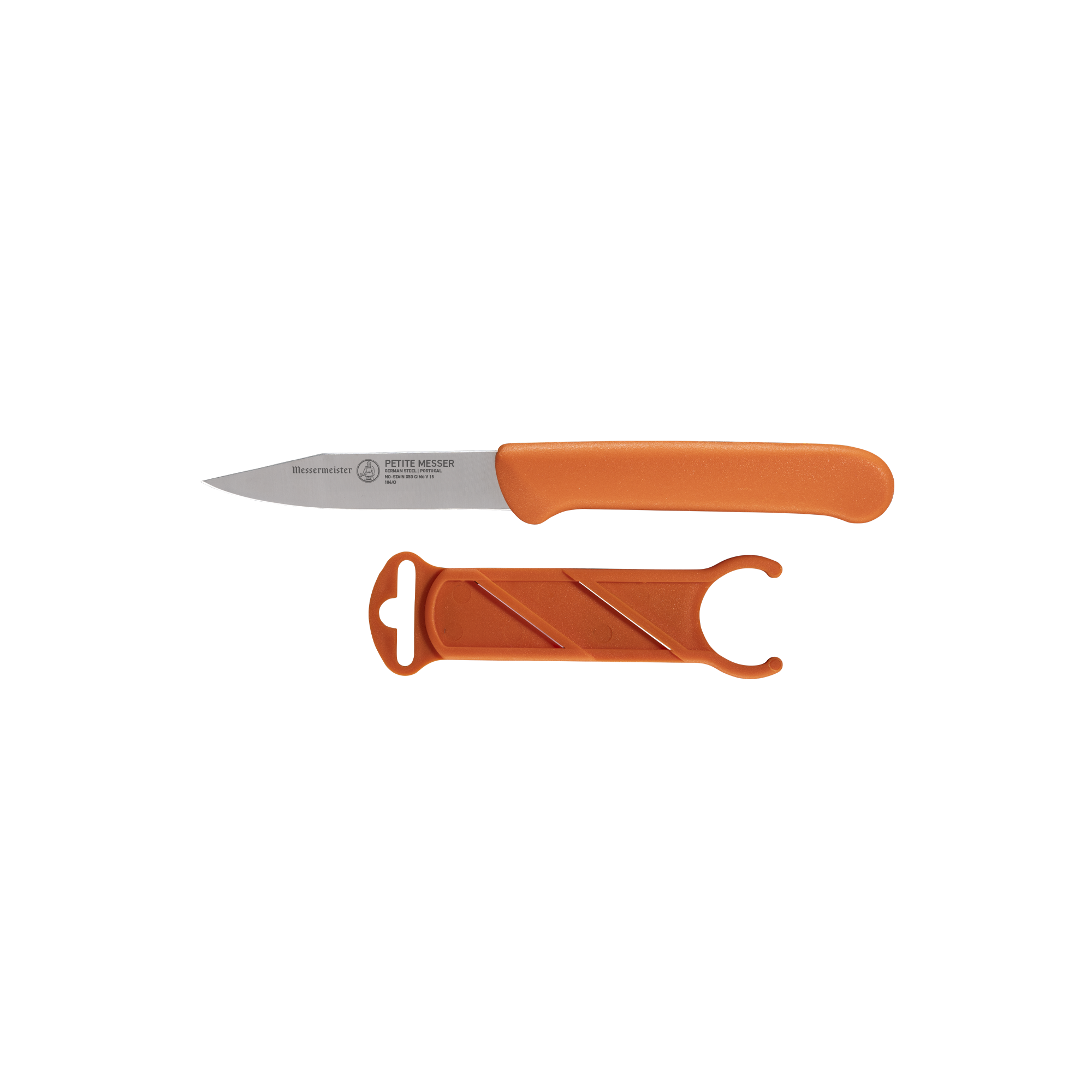 Side view of Messermeister orange clip point paring knife with stainless steel blade and matching protective sheath