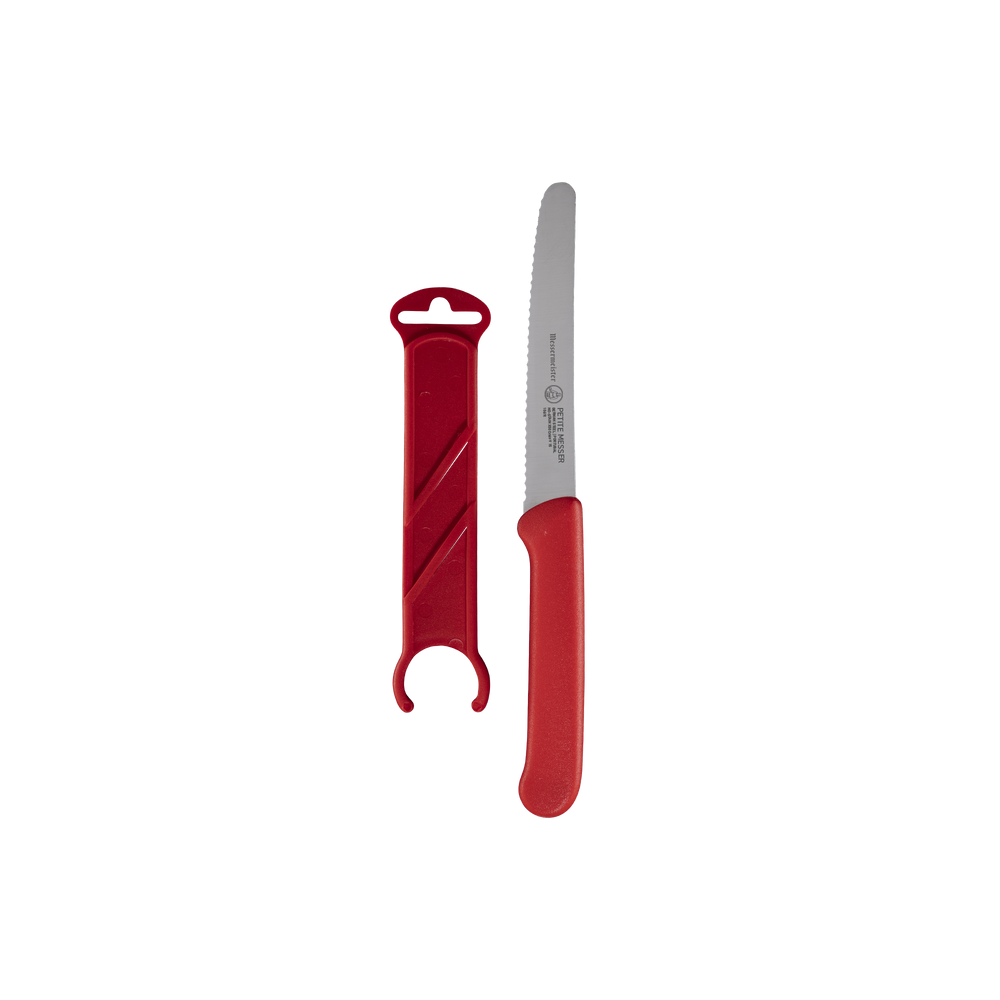 Messermeister serrated tomato knife with red handle and protective sheath
