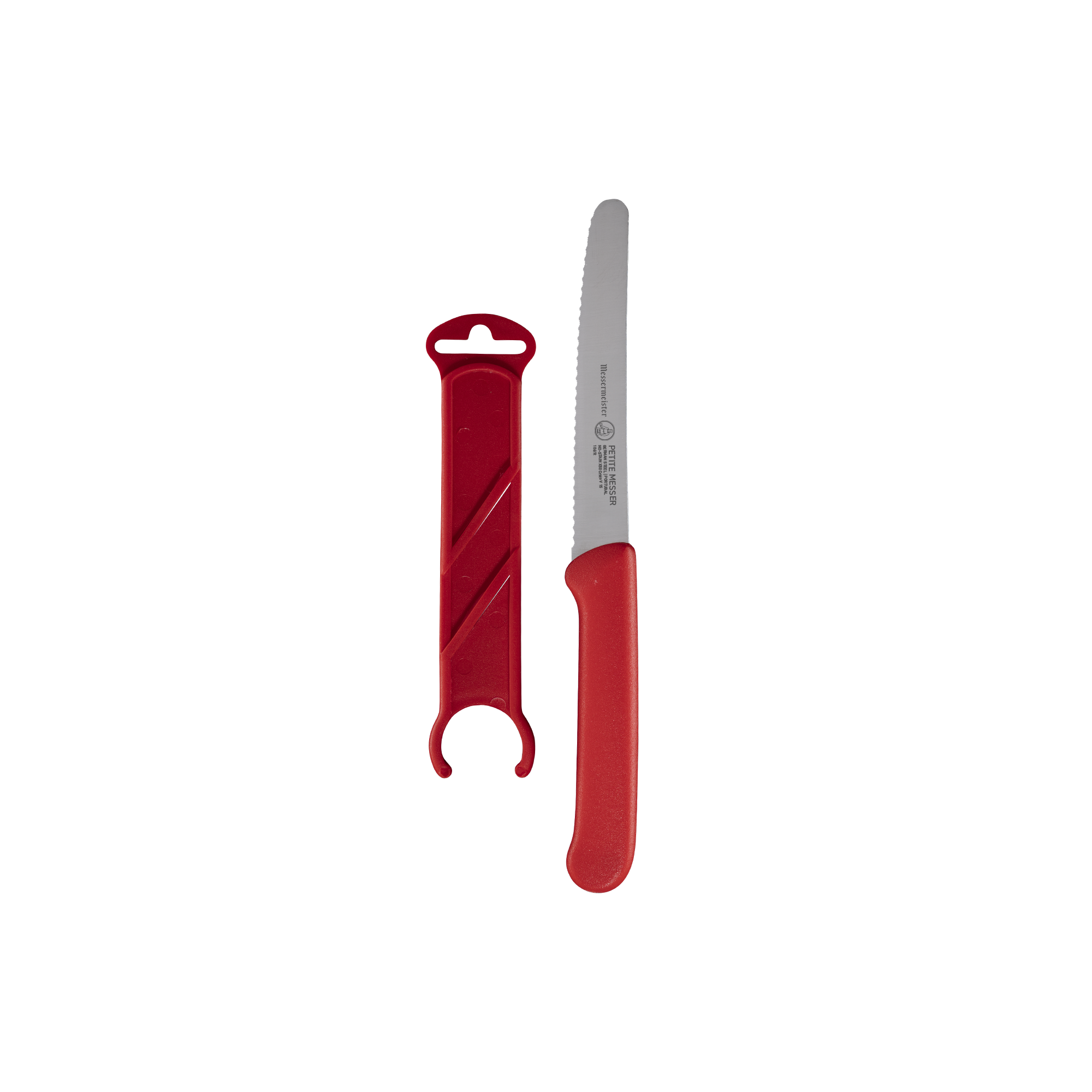 Messermeister serrated tomato knife with red handle and protective sheath