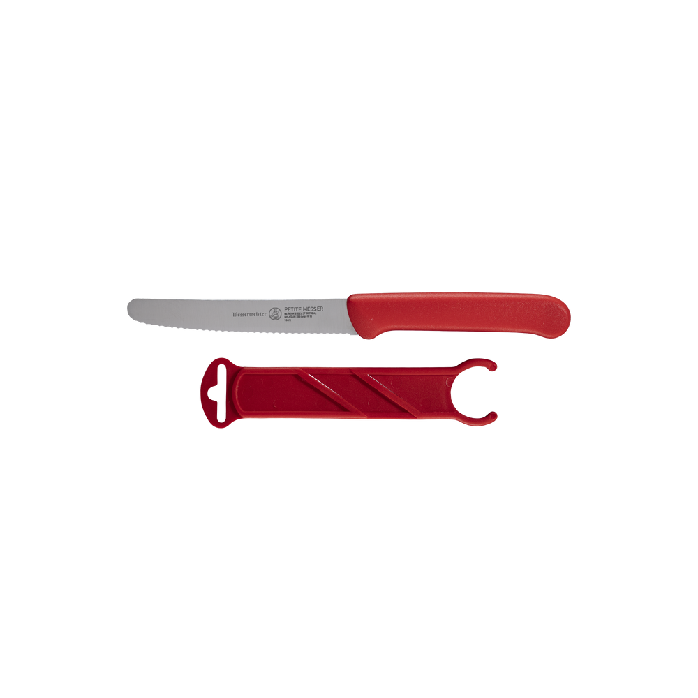 Side view of Messermeister red serrated tomato knife with stainless steel blade and protective sheath