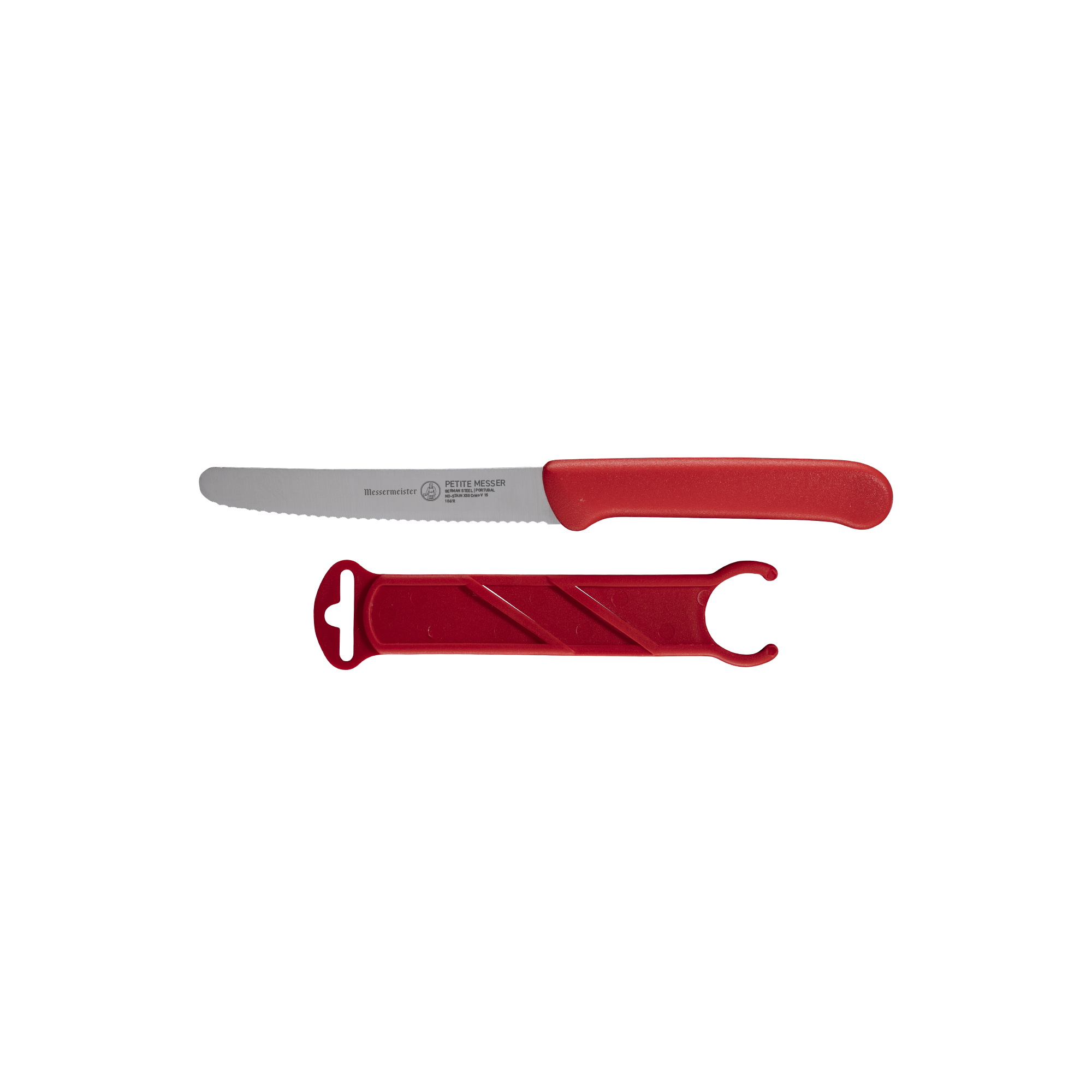 Side view of Messermeister red serrated tomato knife with stainless steel blade and protective sheath