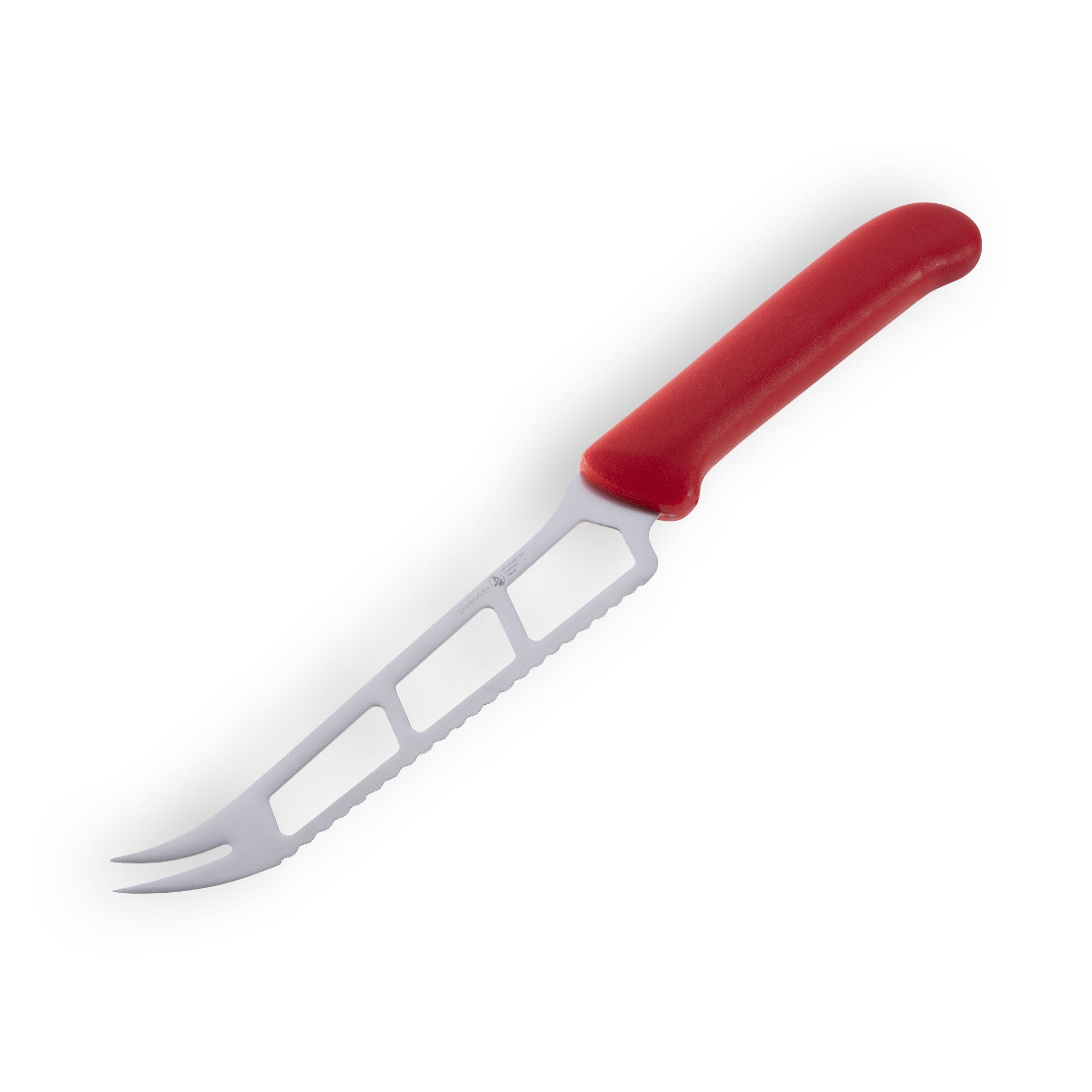 Messermeister Petite Messer 6 inch red cheese and tomato knife full view angled down highlighting complete serrated blade and handle