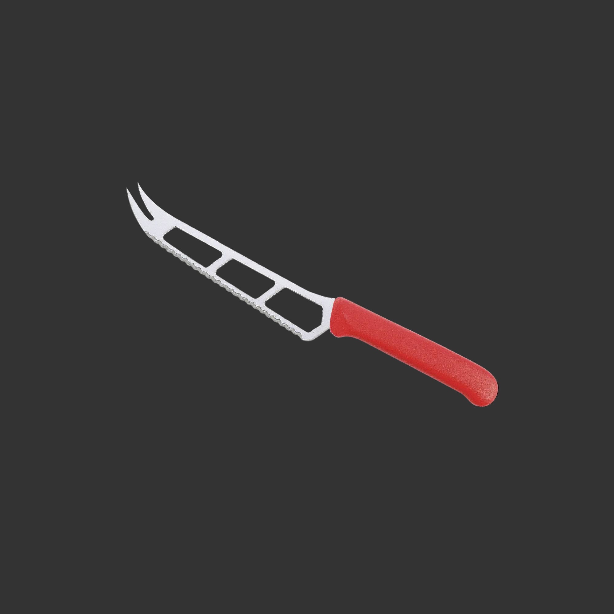 Angled up view of Messermeister Petite Messer red handled 6 inch cheese and tomato knife emphasizing blade and edge detail