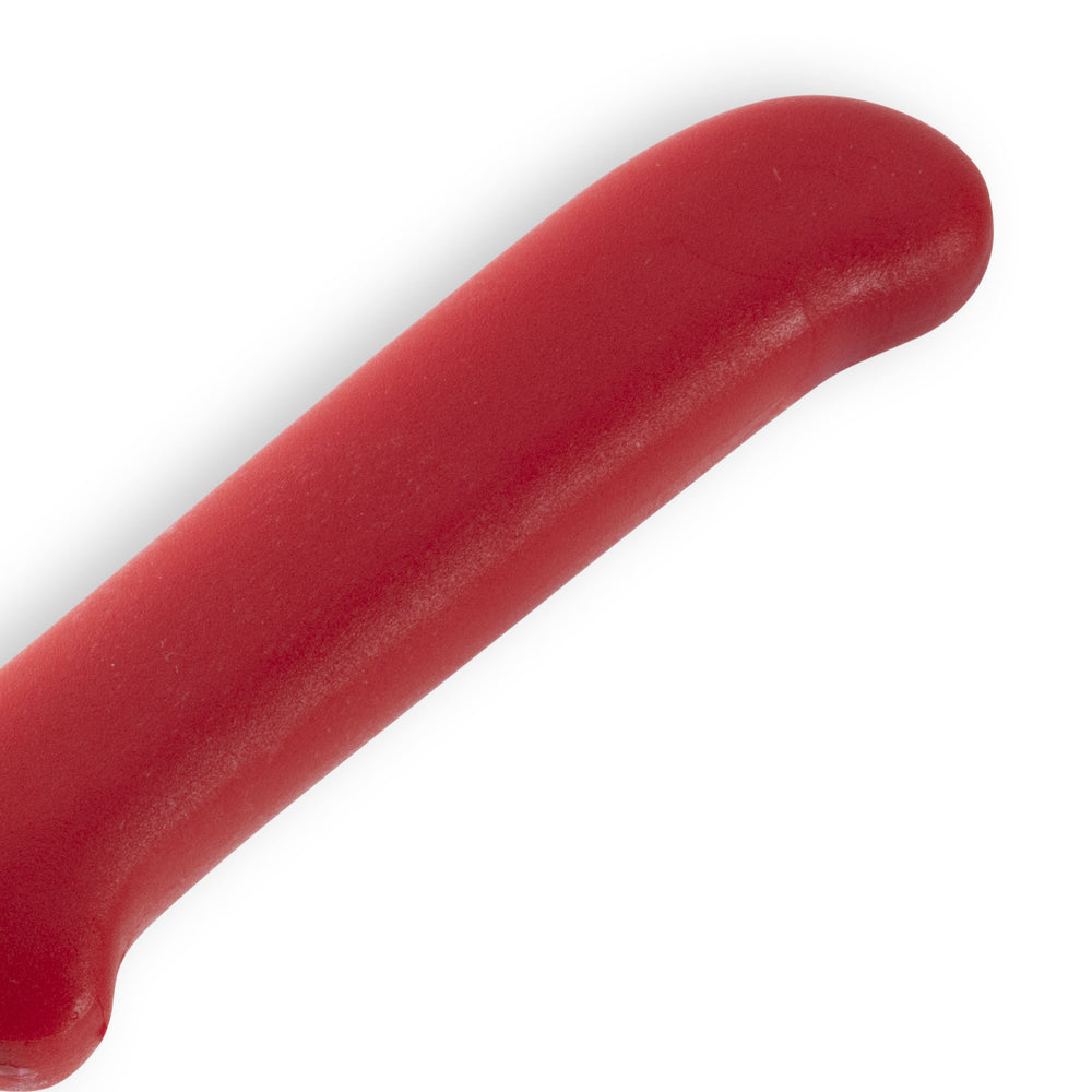 Handle detail of Messermeister Petite Messer 6 inch red cheese and tomato knife showing ergonomic grip