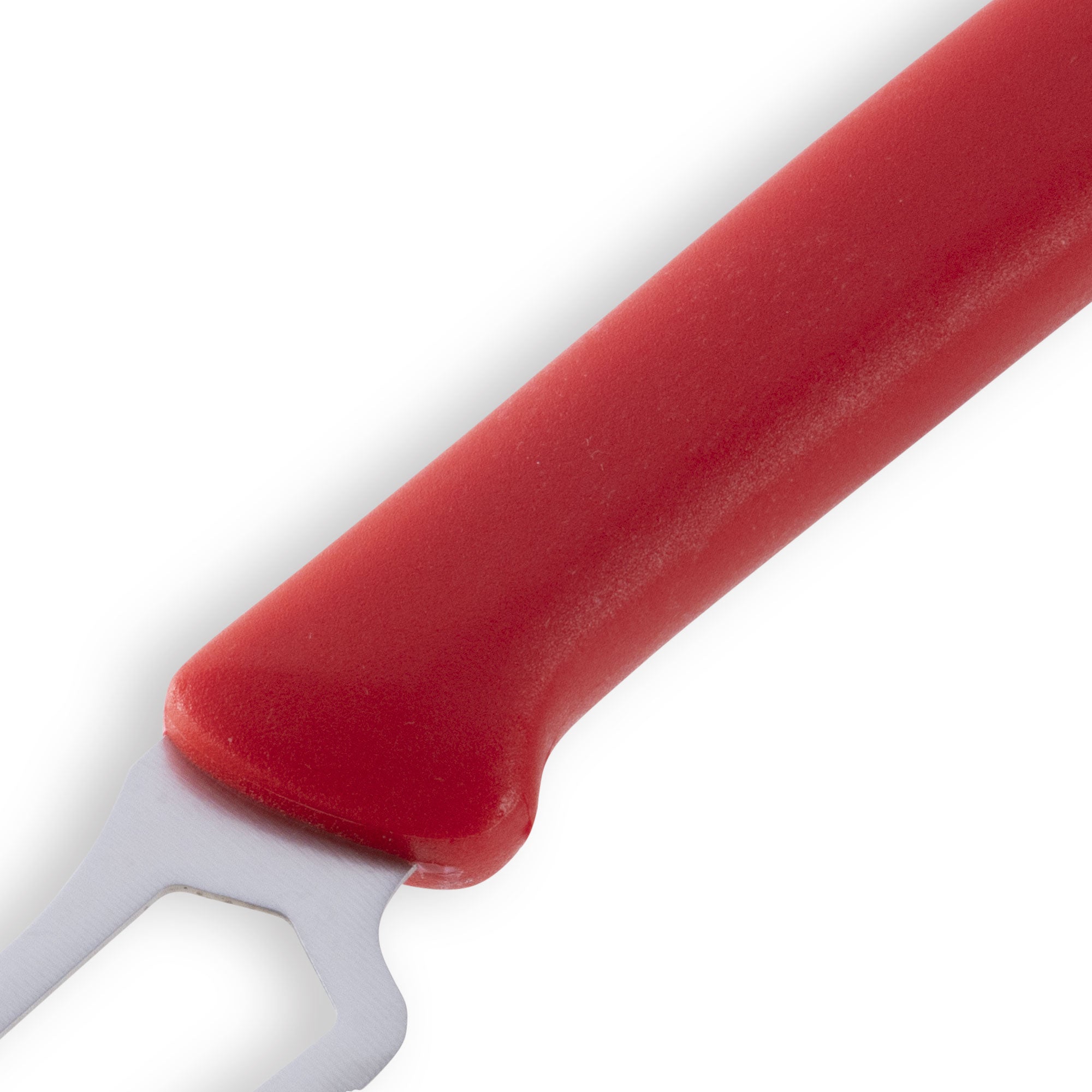 Close up of Messermeister Petite Messer red handled 6 inch cheese and tomato knife highlighting grip texture and finish